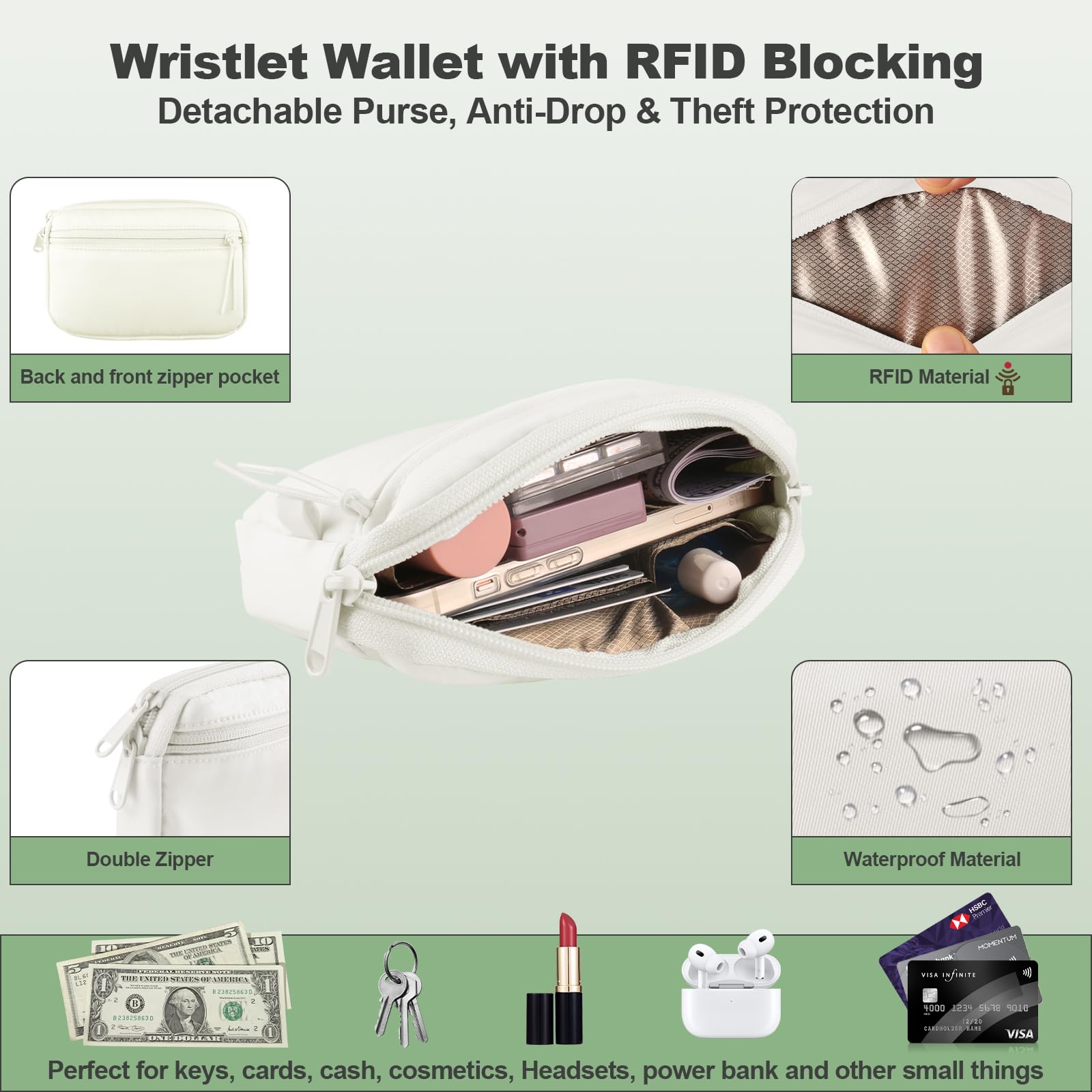 YFWE Handy-Gurt mit Geldbörse Crossbody | Abnehmbare RFID Blocking Armband Geldbörse | Universal Handy Lanyard mit 360° Drehbaren Clips für alle Smartphones (Cremeweiß)