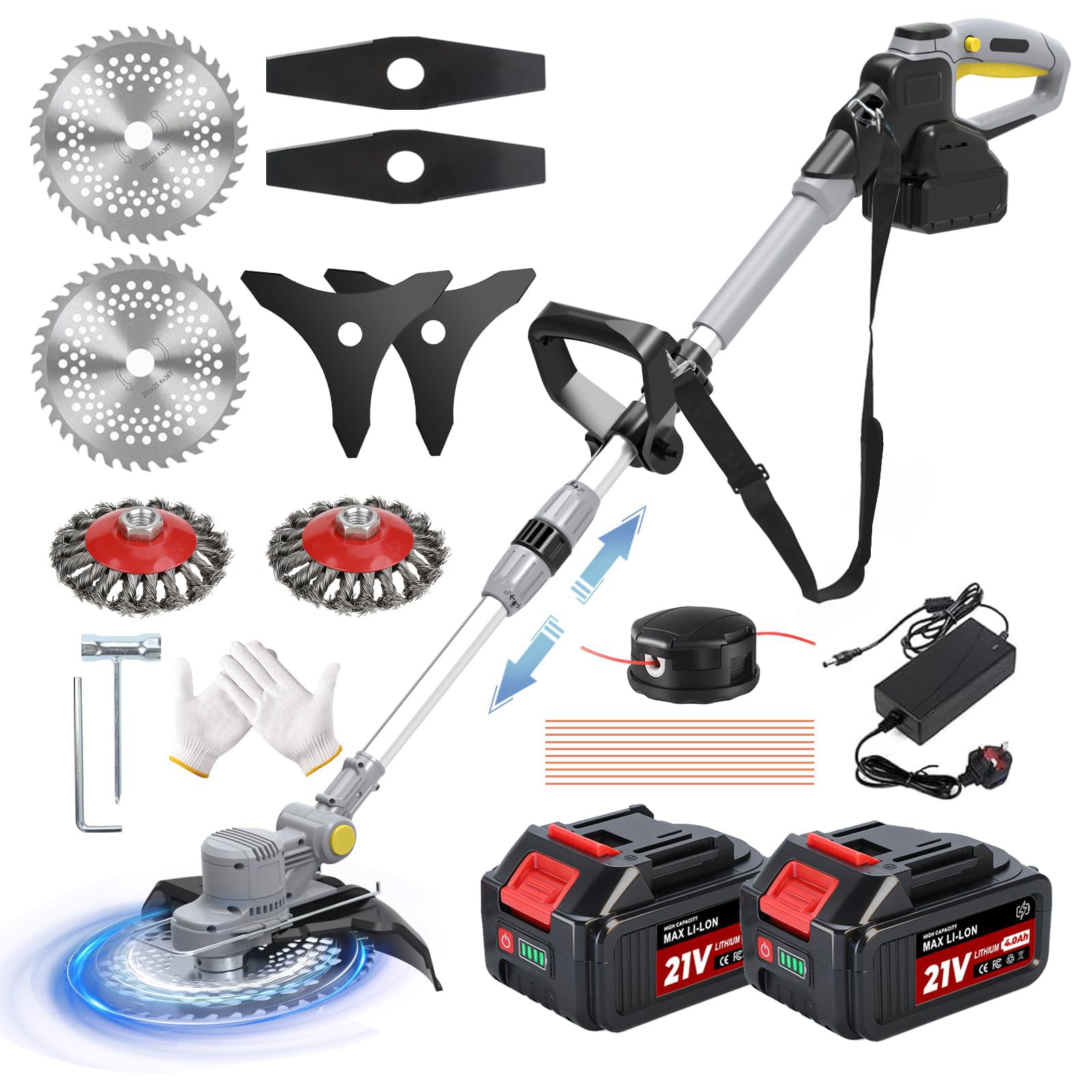 Cordless Strimmer with Weed Brush 21V Cordless Grass Trimmer with 2 x 4.0Ah Battery and Charger Brushless Electric Garden Strimmer 5 in 1 Battery Strimmer Brush Cutter Adjustable Telescopic, Gray