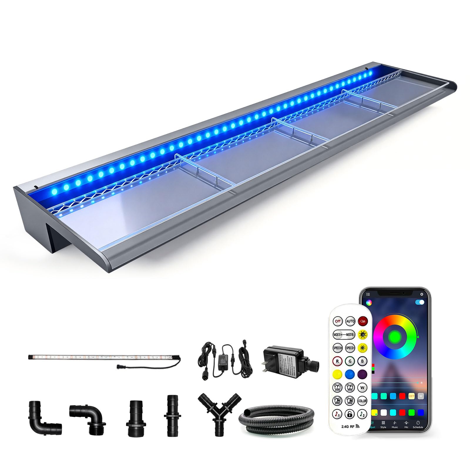 Photo 1 of LONGRUN with lid Waterfall Spillway, APP Control Multi-Color LED Light Outdoor Pool Fountain, Acrylic Water Spillway Koi Pond Waterfalls Fountains Kit for Garden Patio Swimming Pool Decoration-35.4"