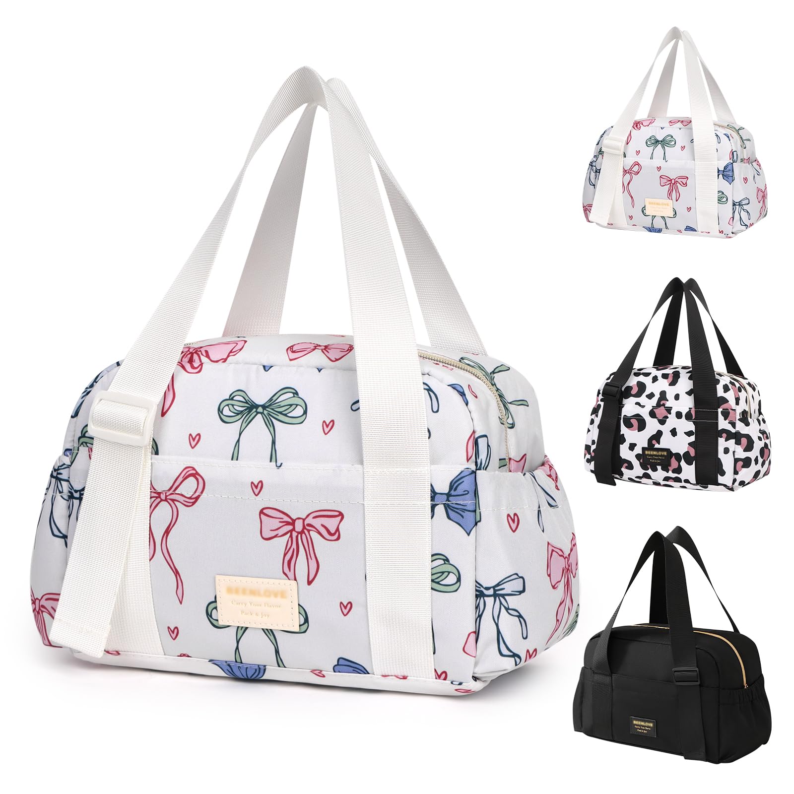 Minicoco Insulated Lunch Bags for Women Men Adult Ladies,Portable Thermal Leak-Proof Cool Bag Large Capacity Lunch Box Tote Bag for Work, School, Picnic,Travel（White Bow）