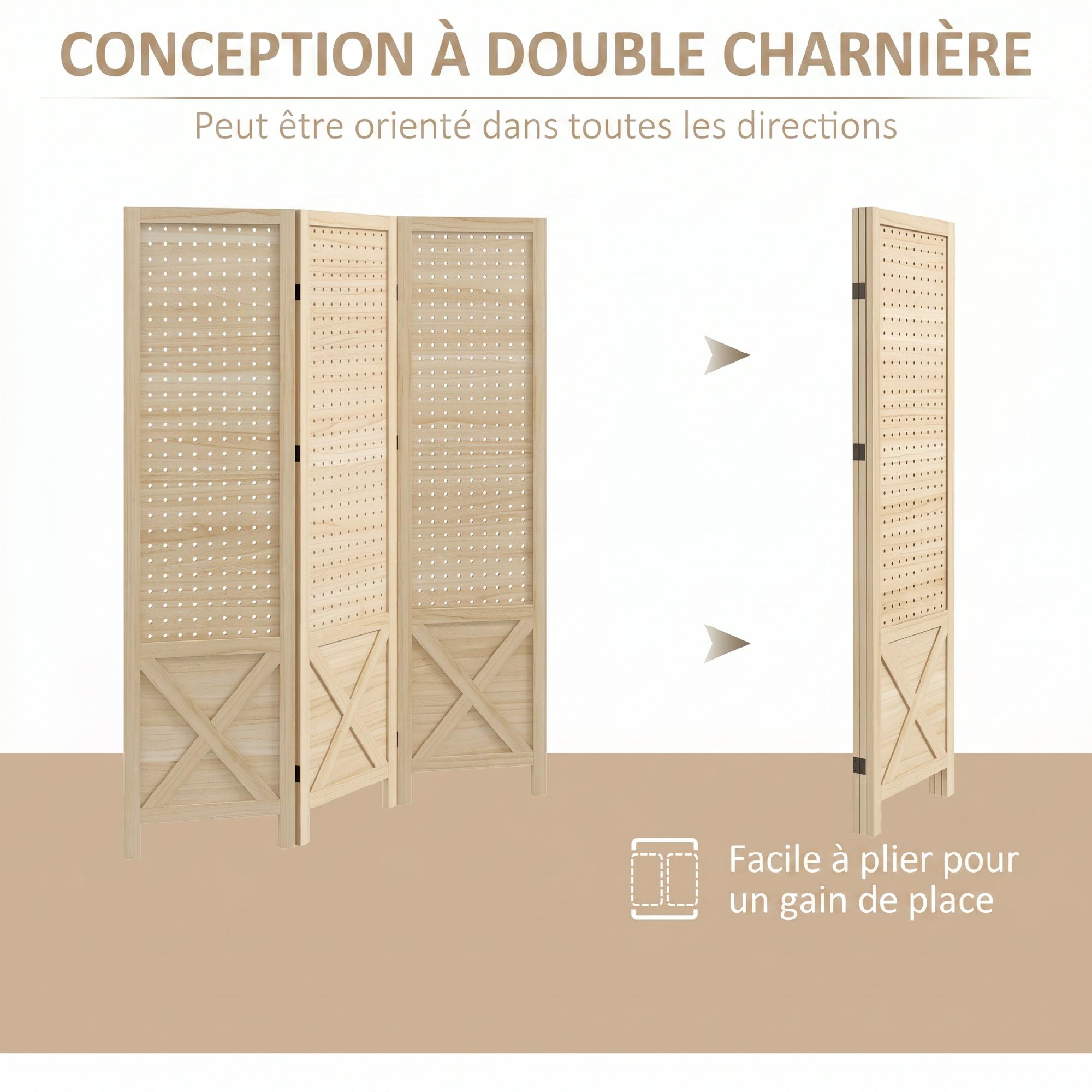 HOMCOM 3 pannelli divisorio con pegboard 1,4m naturale | Schermo in legno pieghevole per privacy, divisorio a parete per ufficio domestico