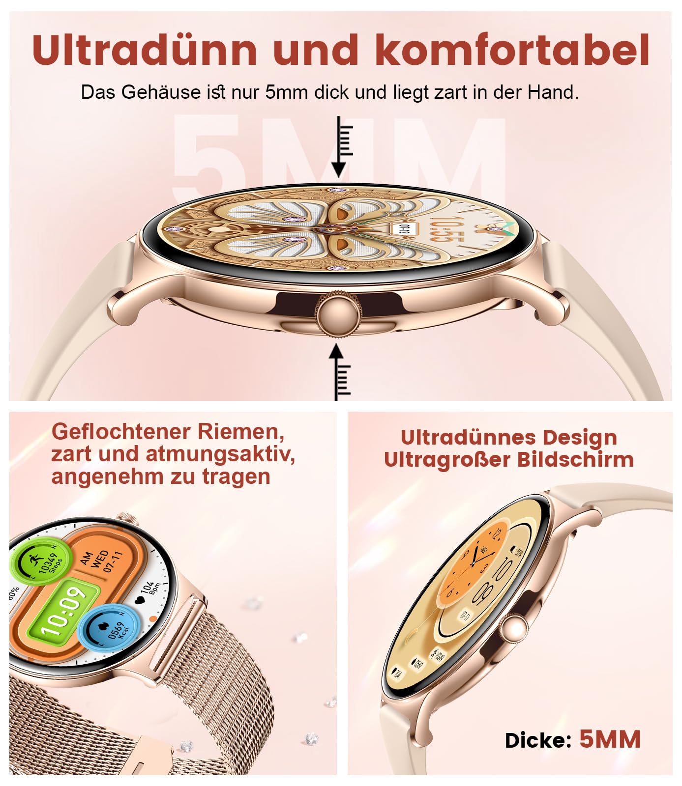 LIGE Dames smartwatch met Bluetooth-oproepen, ultradun, 3,3 cm (1,32 inch), AMOLED-smartwatch met 24-uurs hartslag, slaapbewaking voor Android iOS, 100 sport, IP68 waterdicht, roségoud