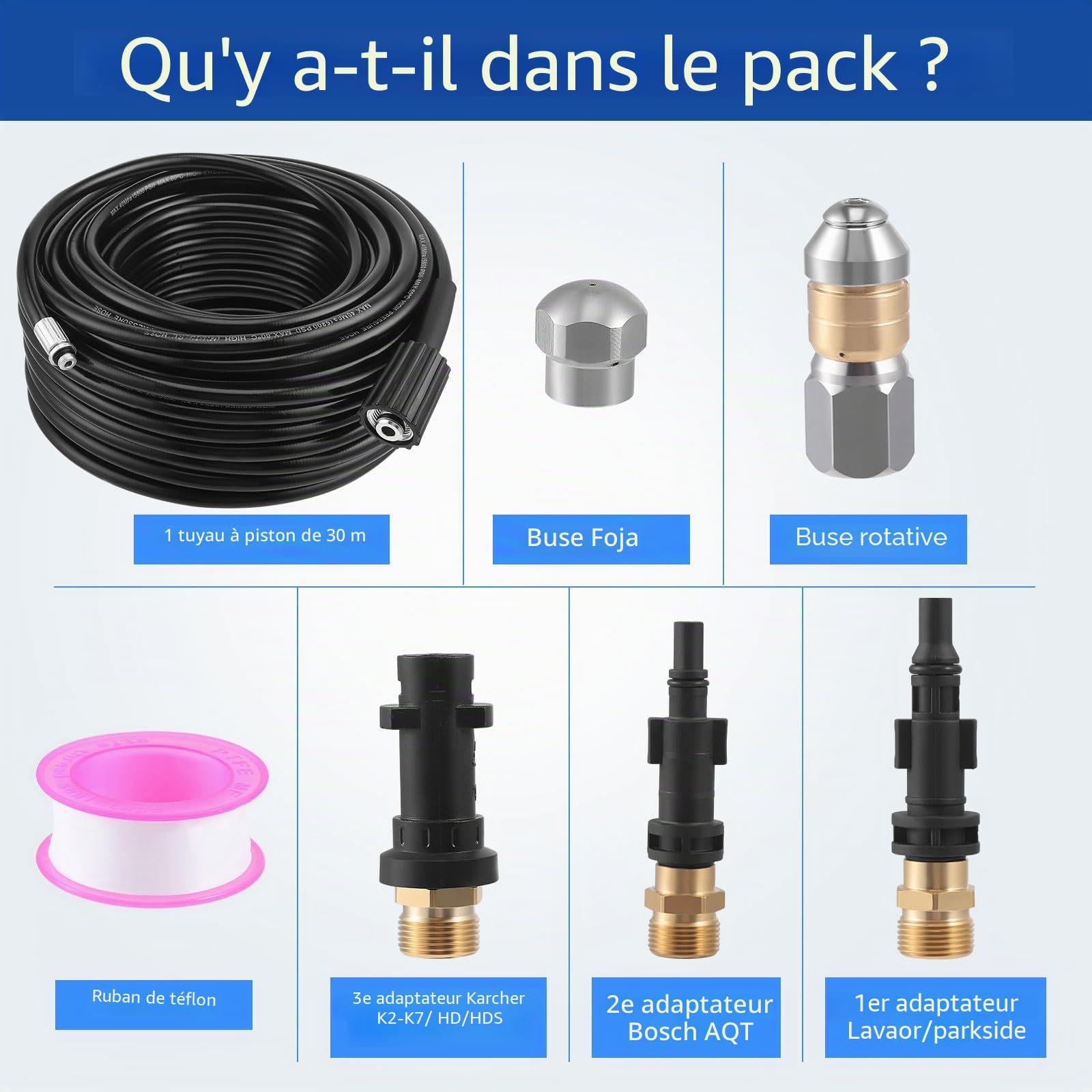 30m Tuyau Déboucheur Canalisation, Furet Deboucheur Canalisation 400 Bar/5800 PSI avec 3 Adaptateurs, 2 Buses et 1 Ruban Téflon, Compatible Kärcher K2-K7, Lavor, Bosch, Parkside pour Usage Domestique