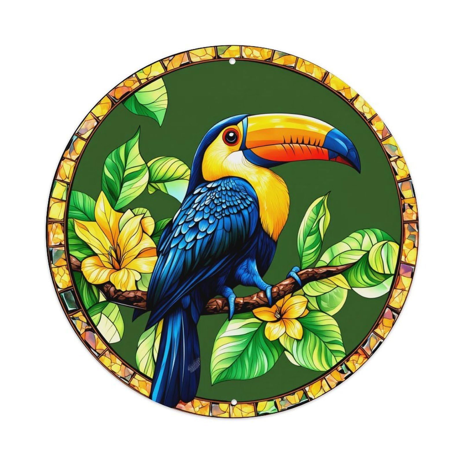 Toucan Bird Floral Leaves Pattern Round Tin Sign Vintage Metal Sign Home Bar Garden Indoor & Outdoor Wall Decor Retro Metal Poster 8x8 Inch
