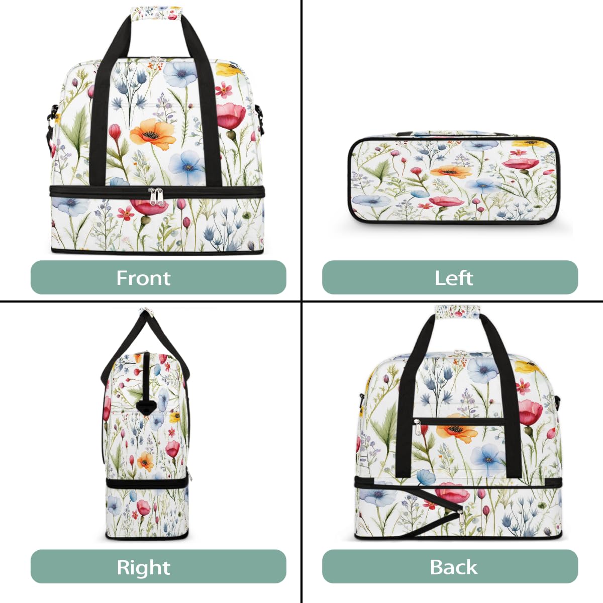 Borsone da viaggio pieghevole con motivo floreale ad acquerello, borsa da palestra espandibile con scomparto per scarpe, grande capacità, borsa da weekender, borsa da viaggio, sport, viaggi notturni