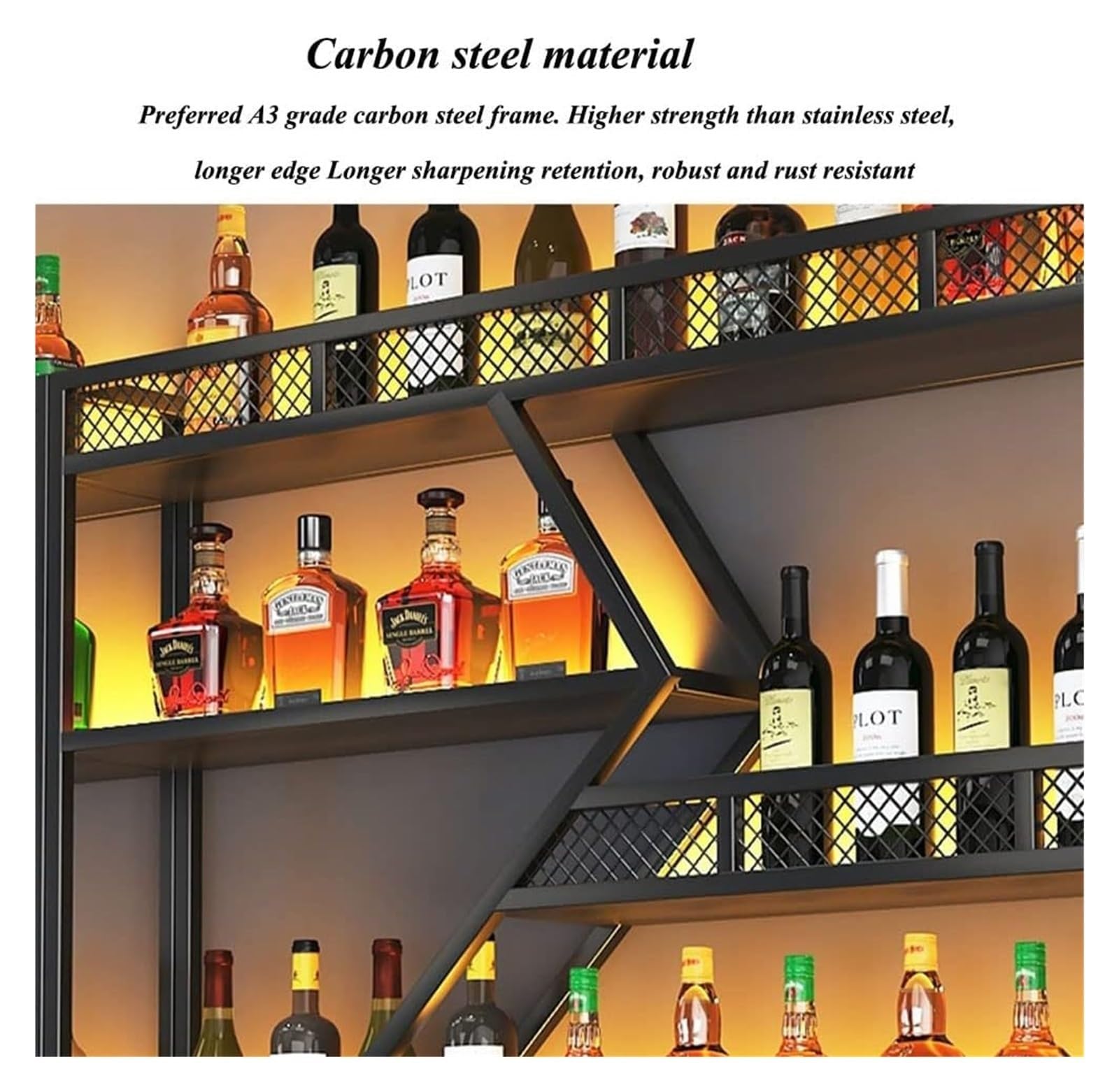 Estante para Botellas de Vino de Pared con Soporte para Copas y luz LED, Soporte metálico para Botellas, Estante de exhibición para Bar, Sala de Estar, Restaurante, Decor