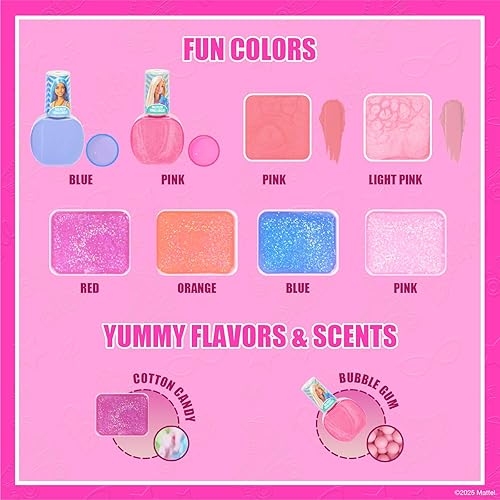 Vista 4 de Set de belleza Barbie Beauty Vanity con espejo iluminado, incluye brillo de labios, sombra de ojos, pinceles, esmalte de uñas, accesorios y más! A