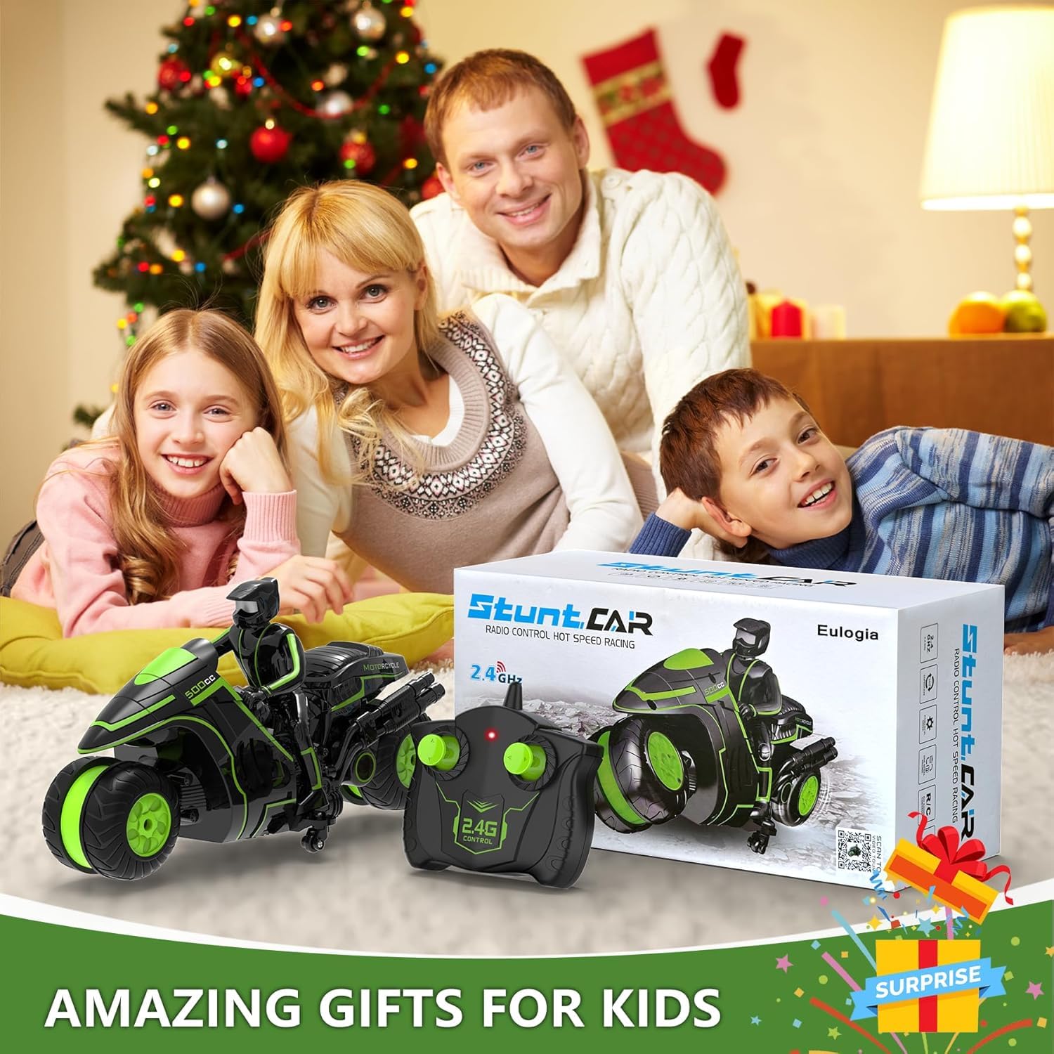 Eulogia 360° Spinning Stunt RC Motorcycle, High-Speed Remote Control Motocross Toy with Rechargeable Battery, Drift & Flip Off-Road Bike, Gift for Boys and Girls Ages 5+