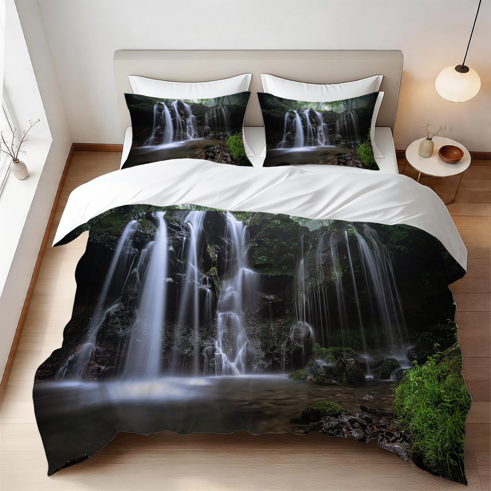 Housse de couette 140x200 cm cascade imprimée en microfibre avec 2 taies d'oreiller