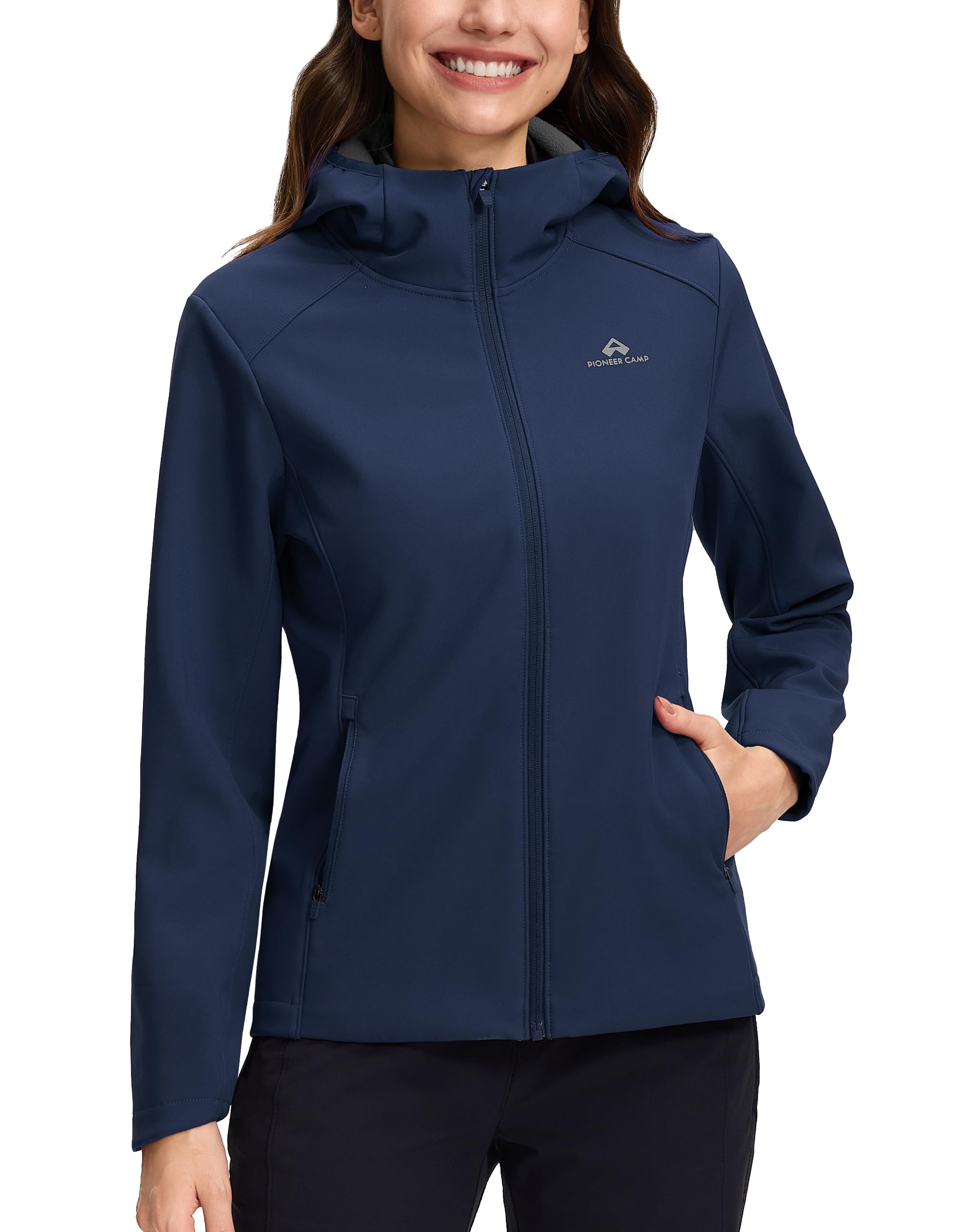 Pioneer Camp Giacca softshell da donna, foderata in pile, con cappuccio, impermeabile e antivento, pratica giacca per le mezze stagioni per il tempo libero e le attività all'aperto