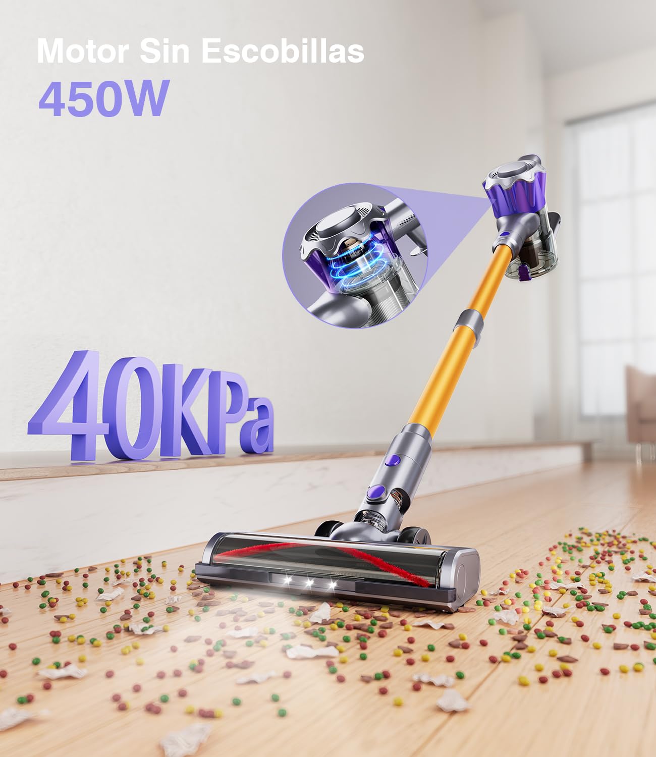 40KPa/450W Aspiradora sin Cable, aspiradora sin Cable Potente hasta 50 Mins, con Smart Screen y Cepillo Antienredos (Amarillo)