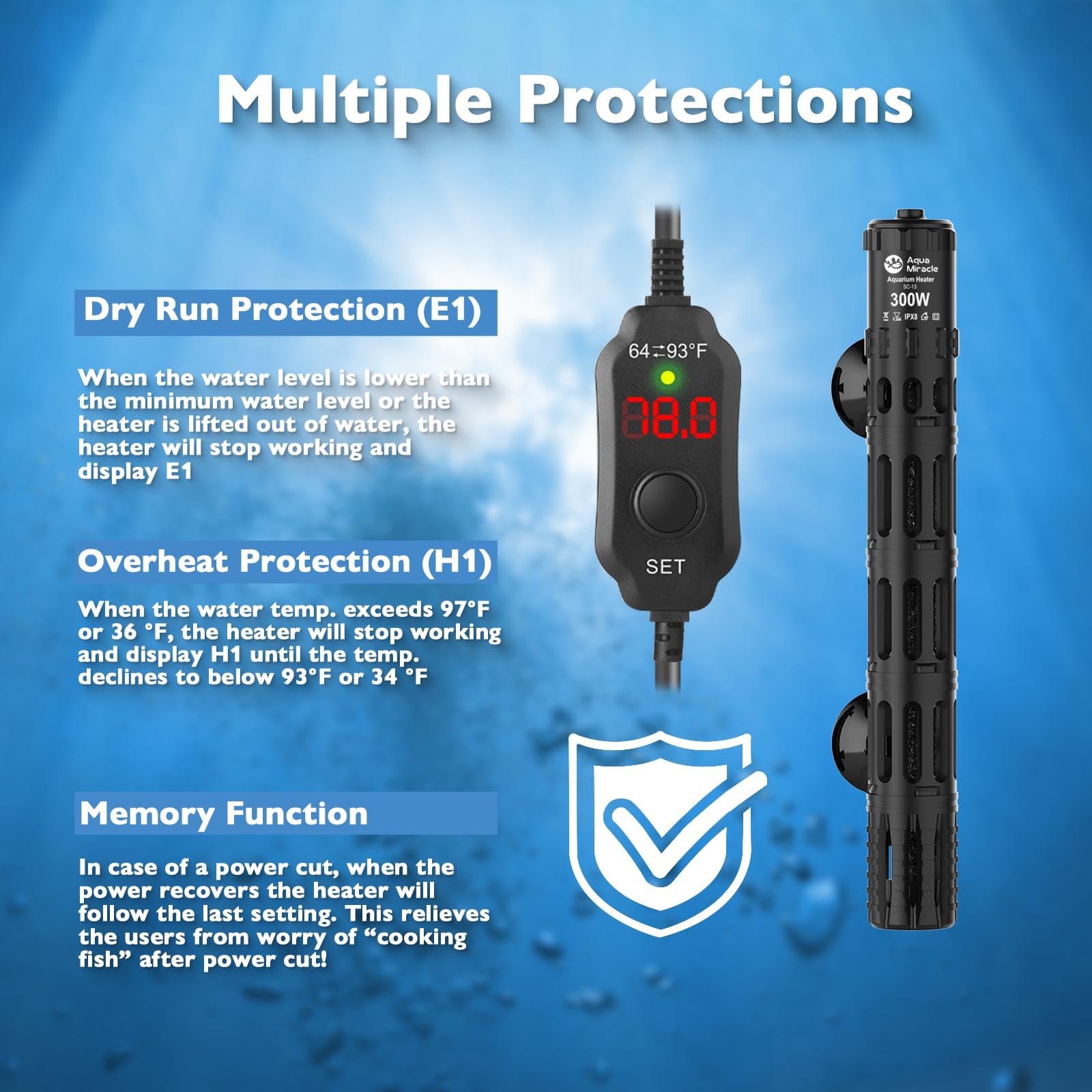 AquaMiracle Riscaldatore sommergibile per acquario, 300 W, con display digitale a LED della temperatura, spegnimento automatico a secco e protezione contro il surriscaldamento, per serbatoi d'acqua