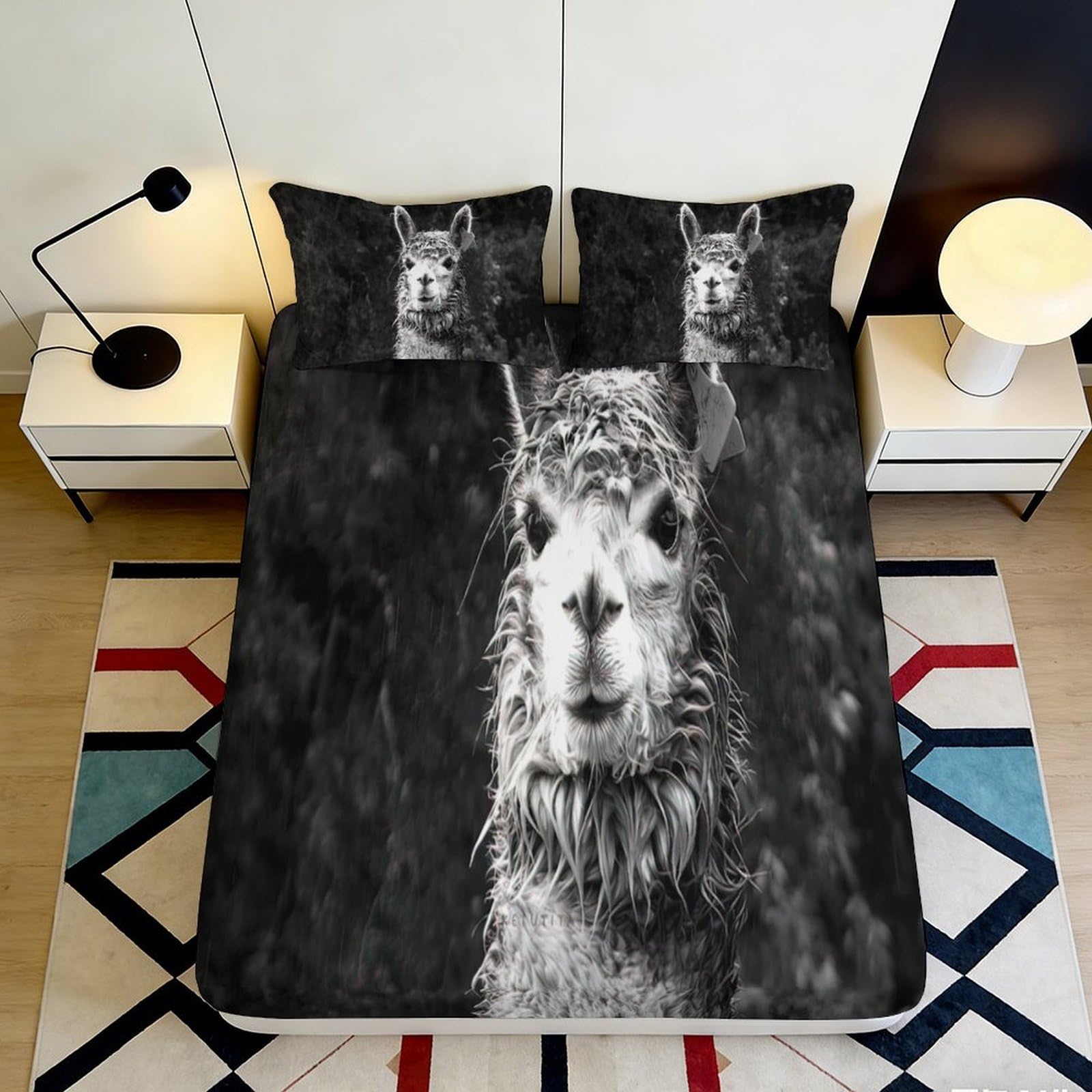 3D Printed Black And White Llama Fitted Sheet Microfiber Soft Durable Alpaca Bed Cover for Bedroom Dormitory Guest Room Mattress Protection 140x200x25cm