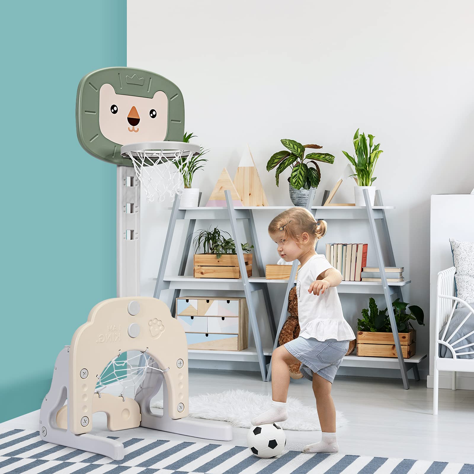 DREAMADE Mini Basketballkorb Kinder, 77-116 cm höhenverstellbarer Basketballständer mit Fußballkorb & Golf inkl. Bälle & Golf, 3 in 1 Indoor Spielplatz für Kleinkinder ab 3 Jahren (Grün)