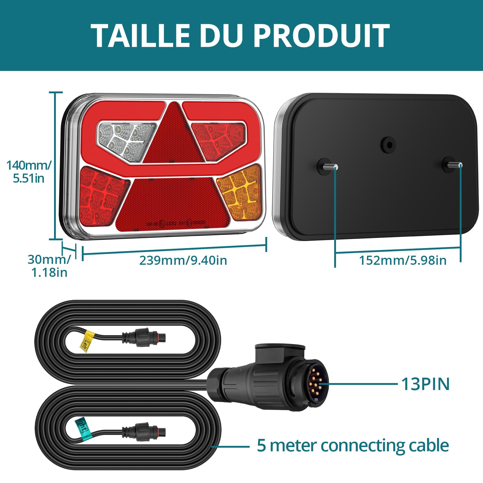 Feux Arrière de Remorques LED 13 broches 12/30V Kit de Feu Arrière pour Remorque 2PCS Feu de Remorque Feux Arrière avec 6 Fonctions et 5M Câbles