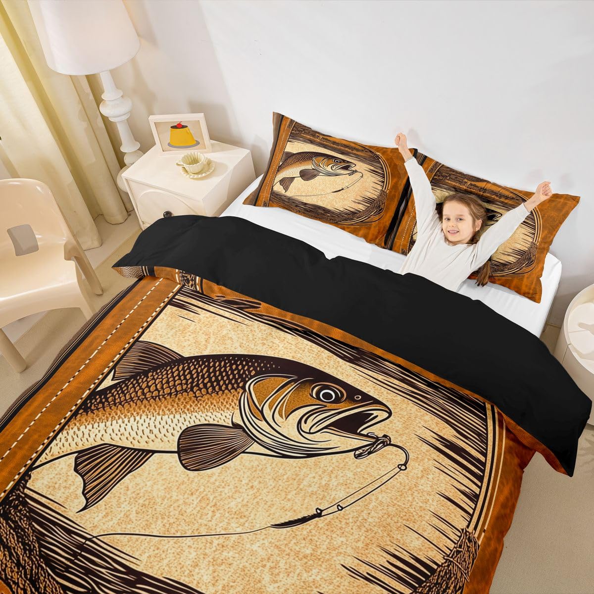 Loussiesd Set di biancheria da letto con copripiumino super king size, motivo pesce basso, caccia e pesca, per ragazzi e ragazze, set di biancheria da letto da 3 pezzi, decorazione per la stanza