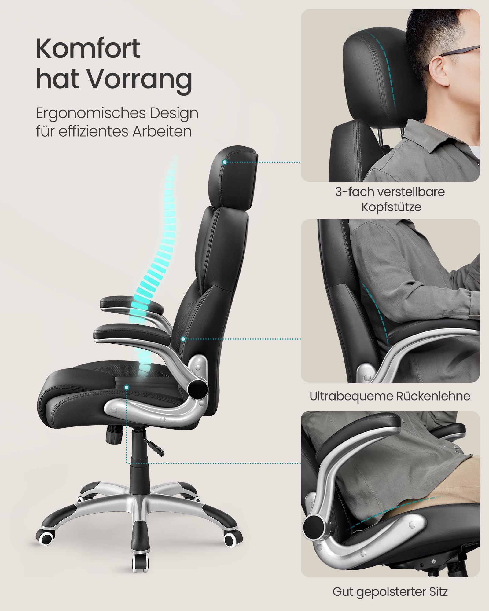 SONGMICS Bürostuhl, Gaming-Stuhl, verstellbare Kopfstütze, Wippfunktion, Schreibtischstuhl, verstellbare Armlehnen, Universalrollen, höhenverstellbar, tintenschwarz OBG65BK