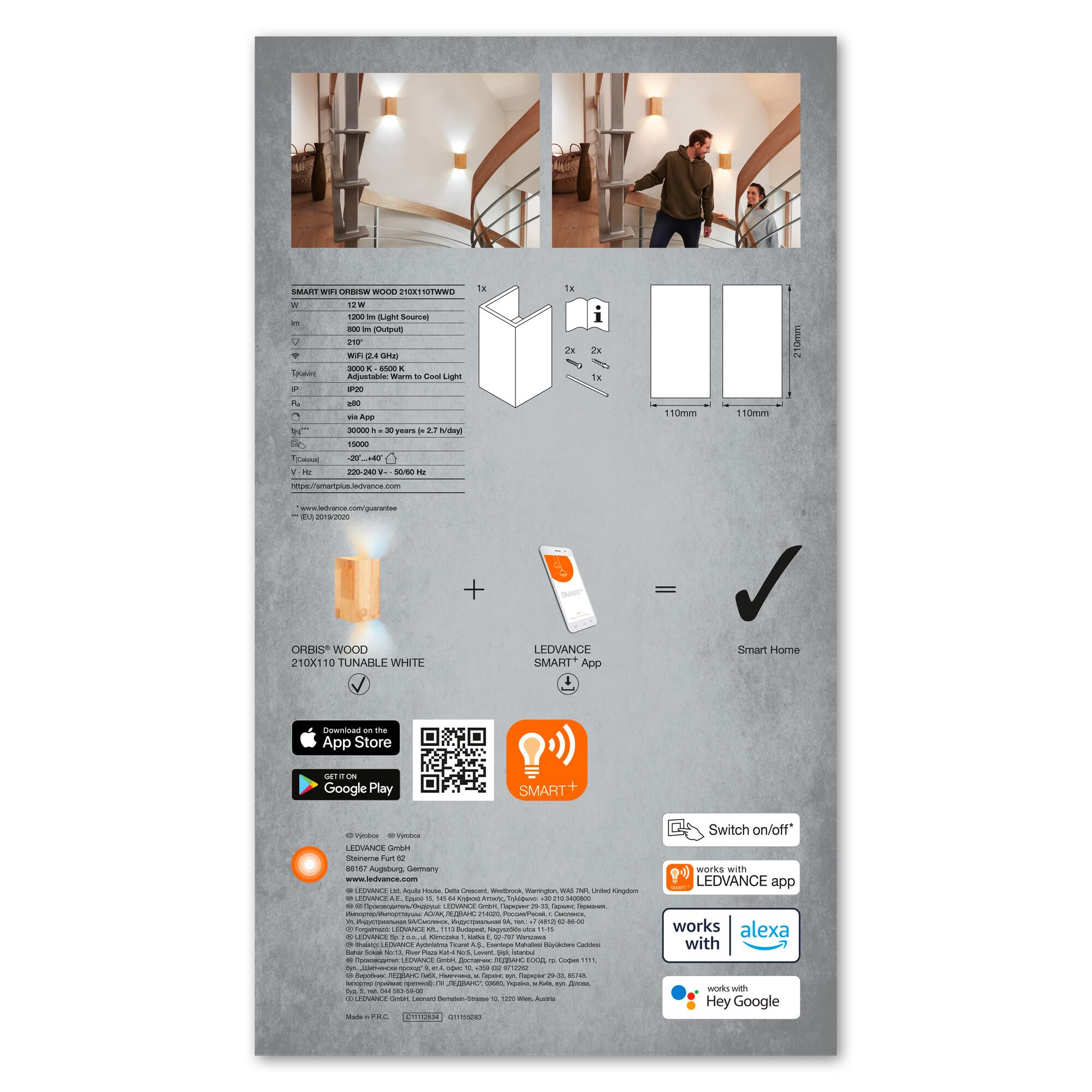 LEDVANCE EDVANCE Lampada ORBIS WOOD SMART+ Wi-Fi, lampada da parete per interni a LED dimmerabile, illuminazione 14W, 3000-6500K, 600lm, forma quadrata in vero legno, 21x11cm