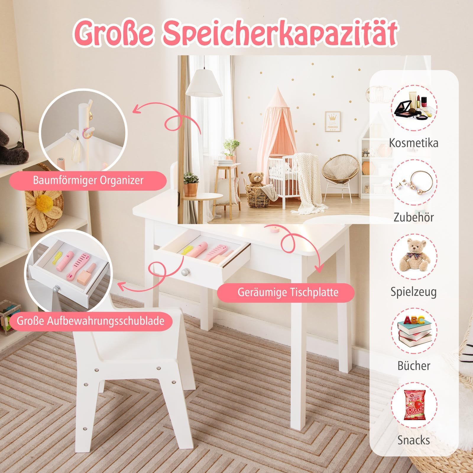 COSTWAY 2 in 1 Kinder Schminktisch mit Hocker, Frisiertisch mit Beleuchtung, Schminkkommode aus Holz mit Schublade & Schmuck-Organizer, Kosmetiktisch Prinzessin für Mädchen ab 3 Jahren (Weiß)