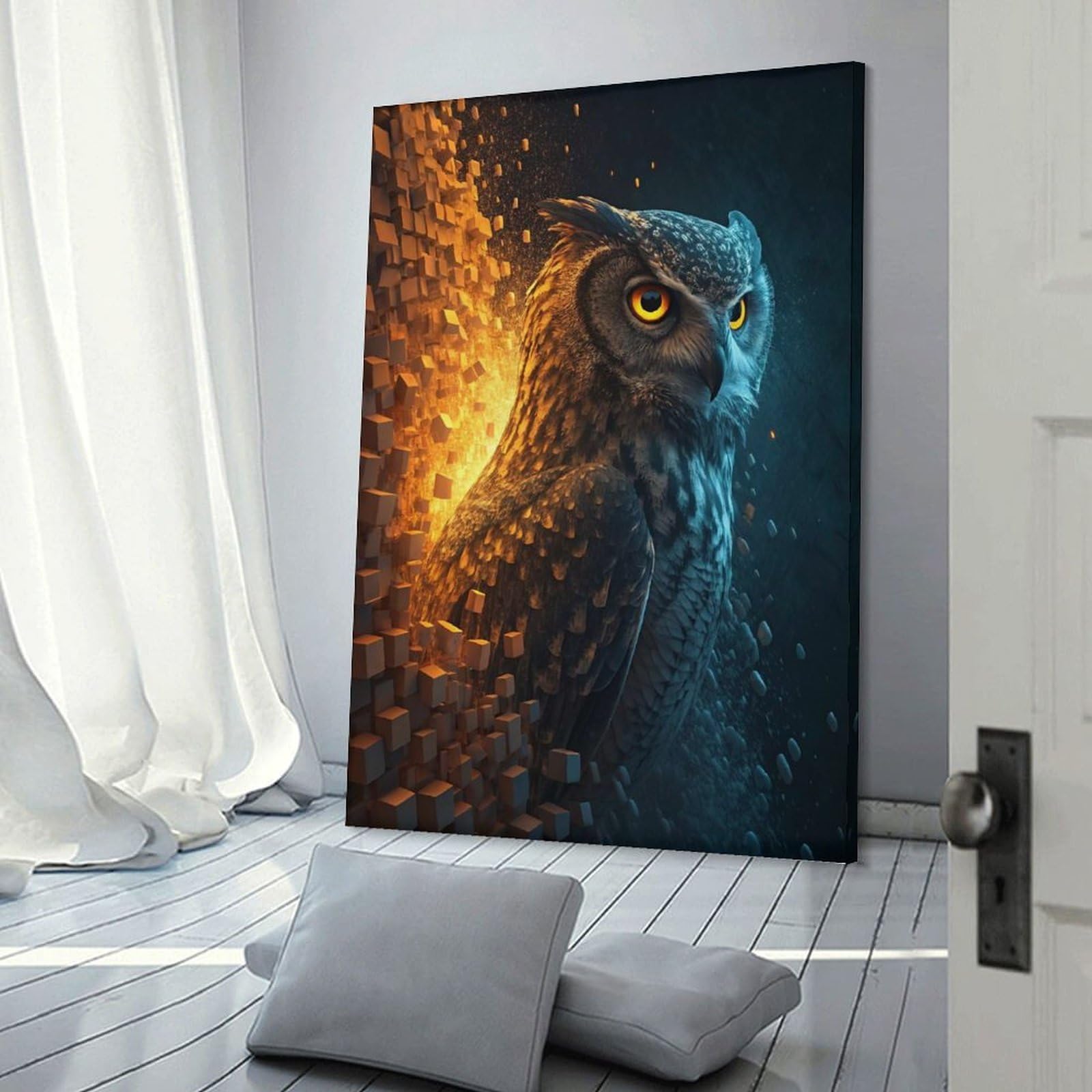 Junmoney Fiery Owl Exploding Into Cubes Room Decor Wall Art, 24x36inch(60x90cm), for Feature Walls in Flats Or Modern Rooms, Wall Decor Suited to Curated Displays