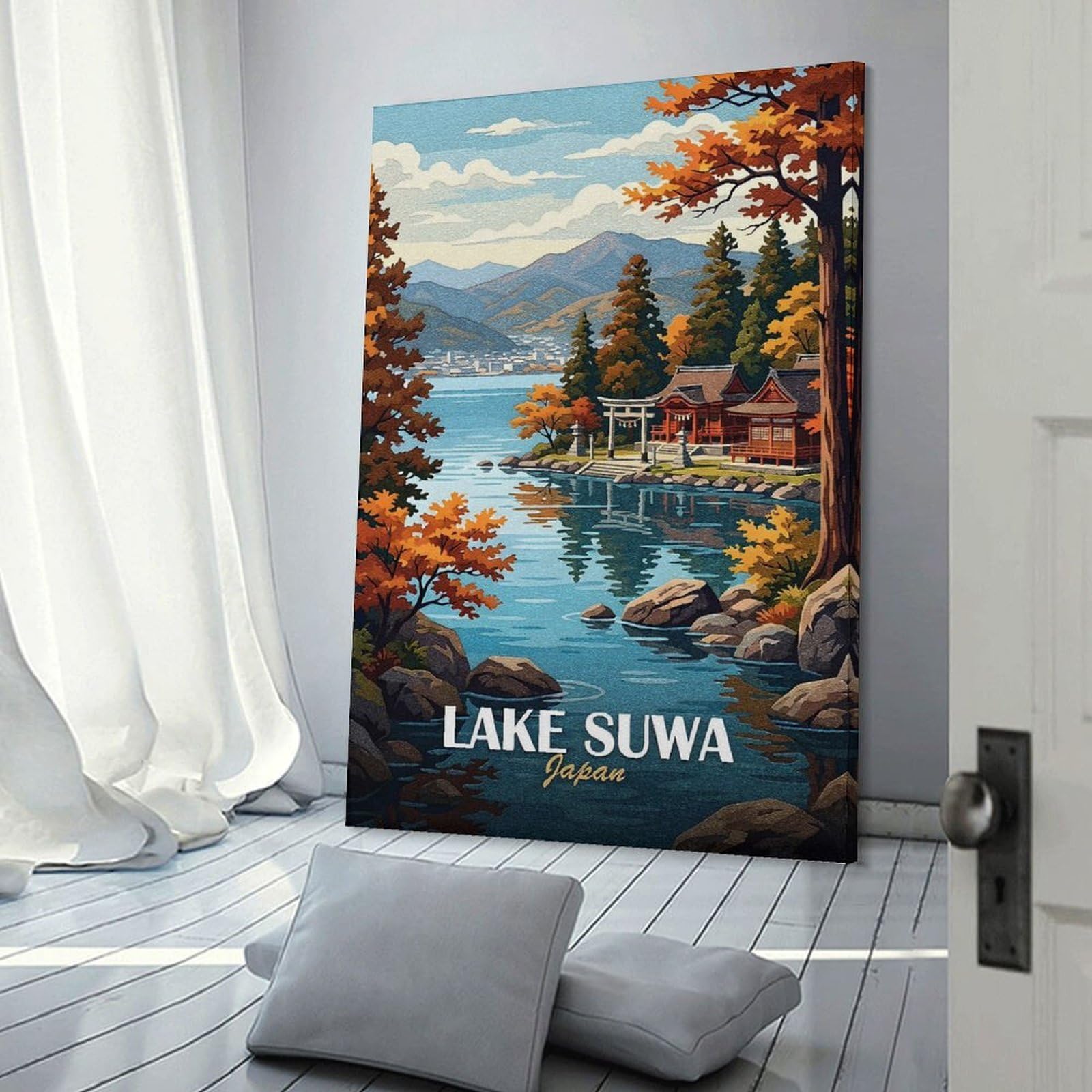 Junmoney Canvas Wall Picture Lake Suwa Japan Autumn Landscape, 20x30inch(50x75cm), for Calm Bedrooms, Home Corners Or Flats, Decorative Wall Art for Cosy Rooms