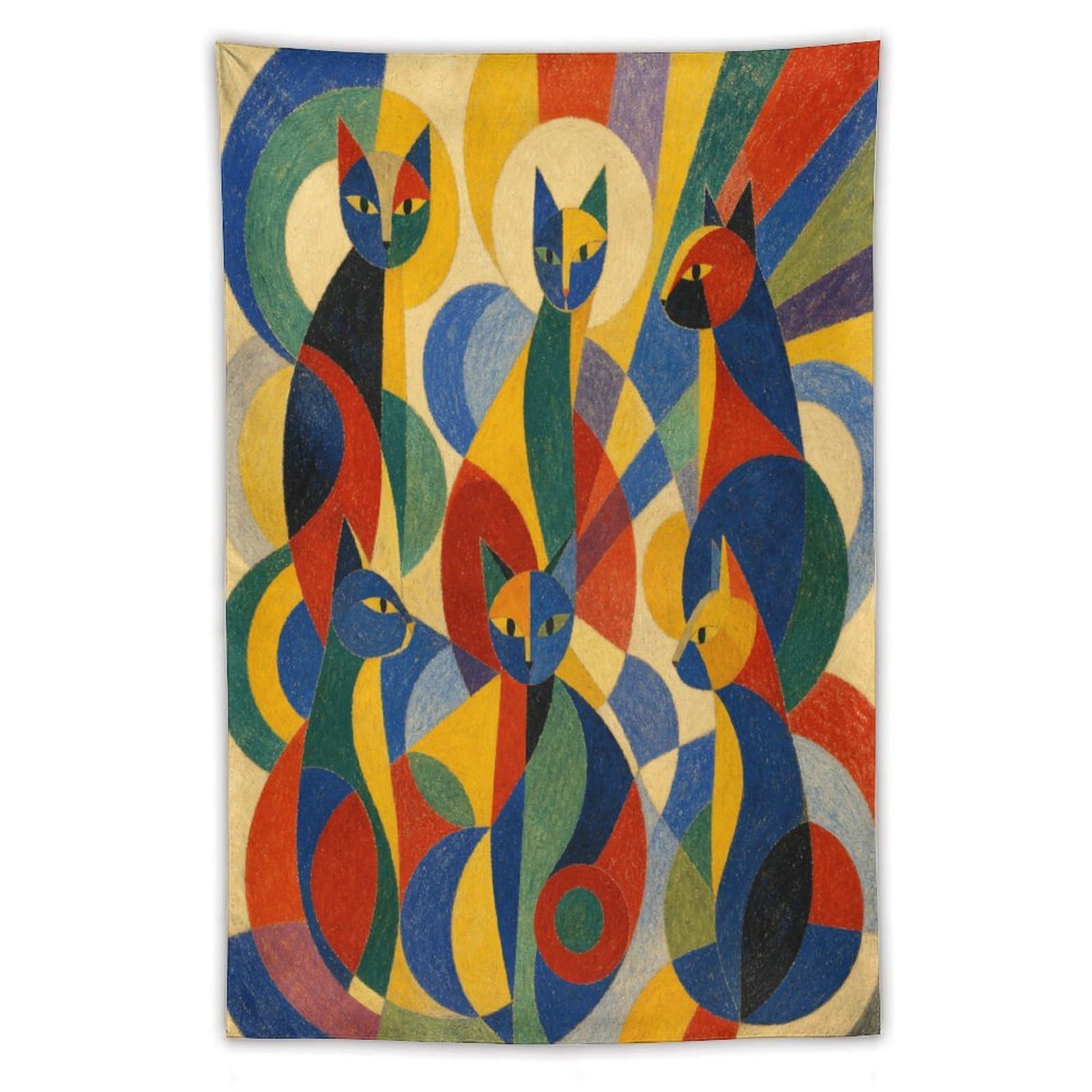 H3B8U2Y5 Colorful Cat Group Wall Tapestry, Geometric Art, Geometric Circles