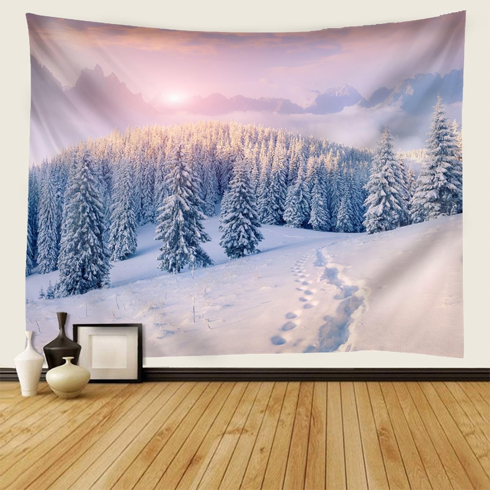 Skcess Dekoracja ścienna 240 x 220 cm, poliester ścienny, szary, niebieski, las, krajobraz śnieżny, dywan ścienny