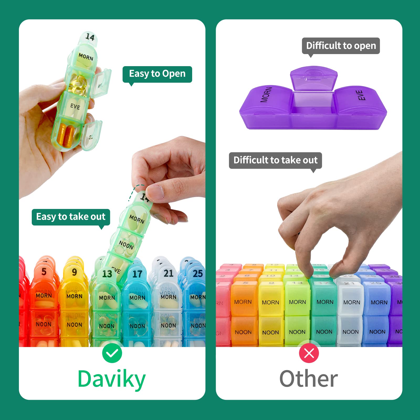 Daviky Pilulier mensuel 4 fois par jour, pilulier de 30 jours avec pilulier quotidien, pilulier d'un mois, pilulier de 31 jours pour contenir des suppléments et des médicaments