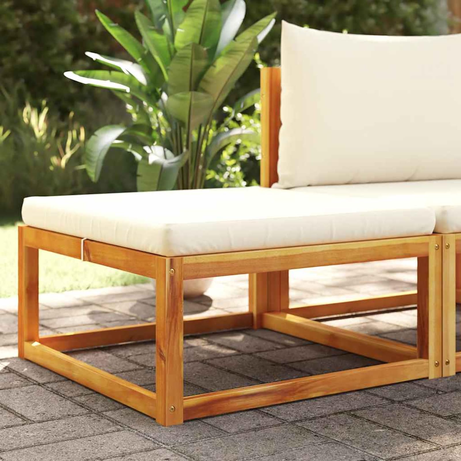 Sgabello da giardino con cuscino, 65 x 65 x 29 cm, legno massiccio di acacia, bianco crema, resistente alle intemperie e impilabile, per terrazza, giardino, balcone e interni