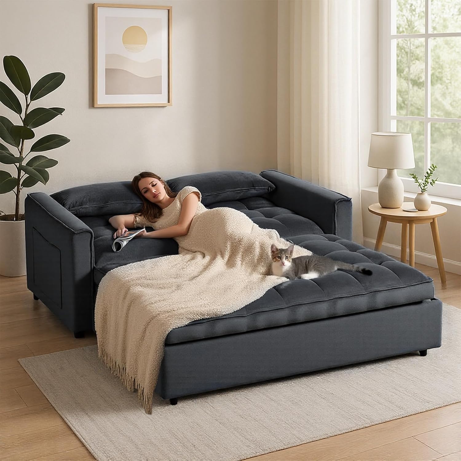 Pull-Out Convertible Loveseat Sleeper – 3 in 1 Black Velvet Futon Sofa Bed, Love Seat Couches for Living Room Apartment, 2-Seater Sofa Bed for Small Spaces with Side Pockets & Modern Style