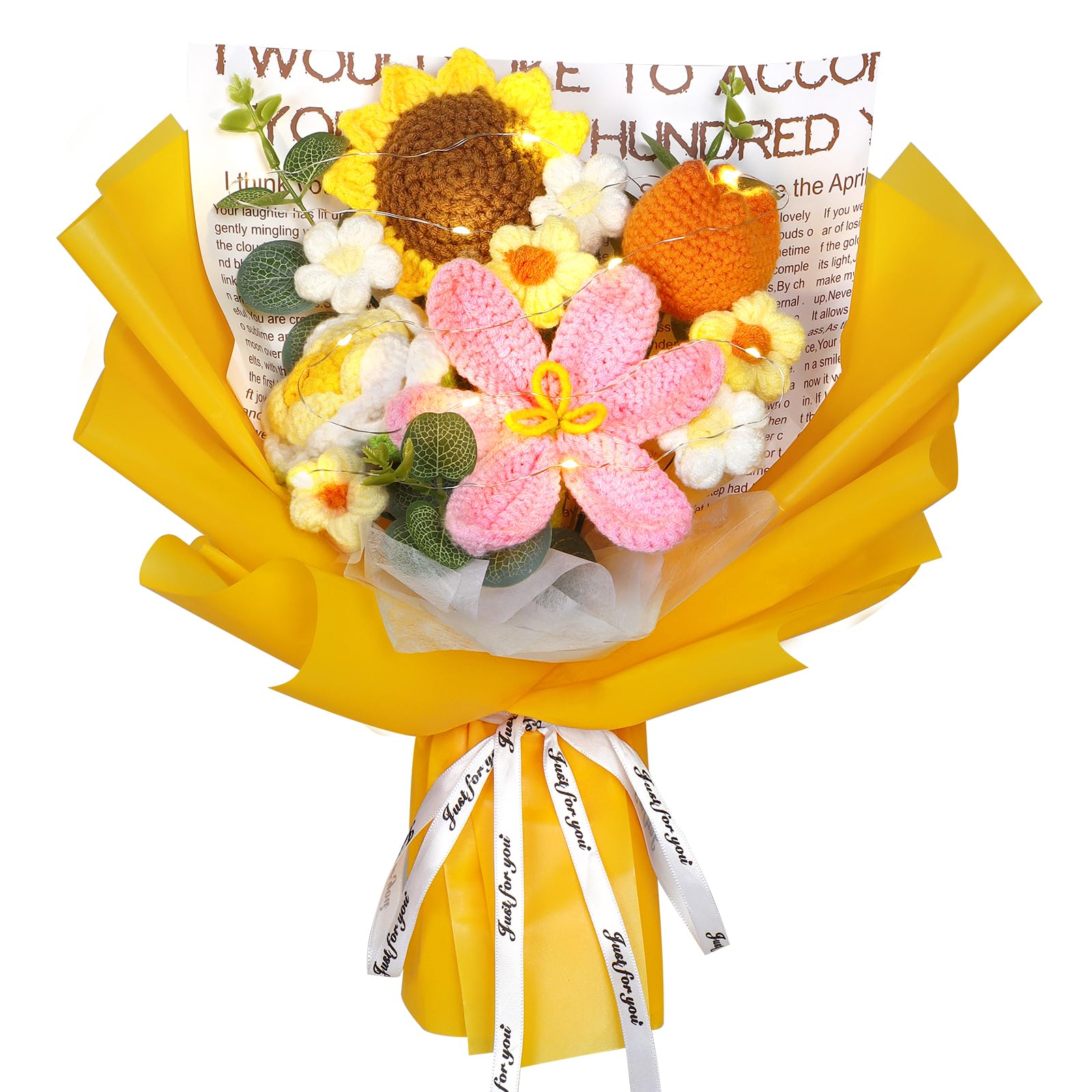 Weldomcor Crochet Flower Bouquet, LED Tulips Roses Sunflowers Completed Knitted Flowers Bouquet Orange Crocheted Yarn Floral Bouquet, Mother's Day Graduation Wedding Gifts Decor for Women Wife Lover