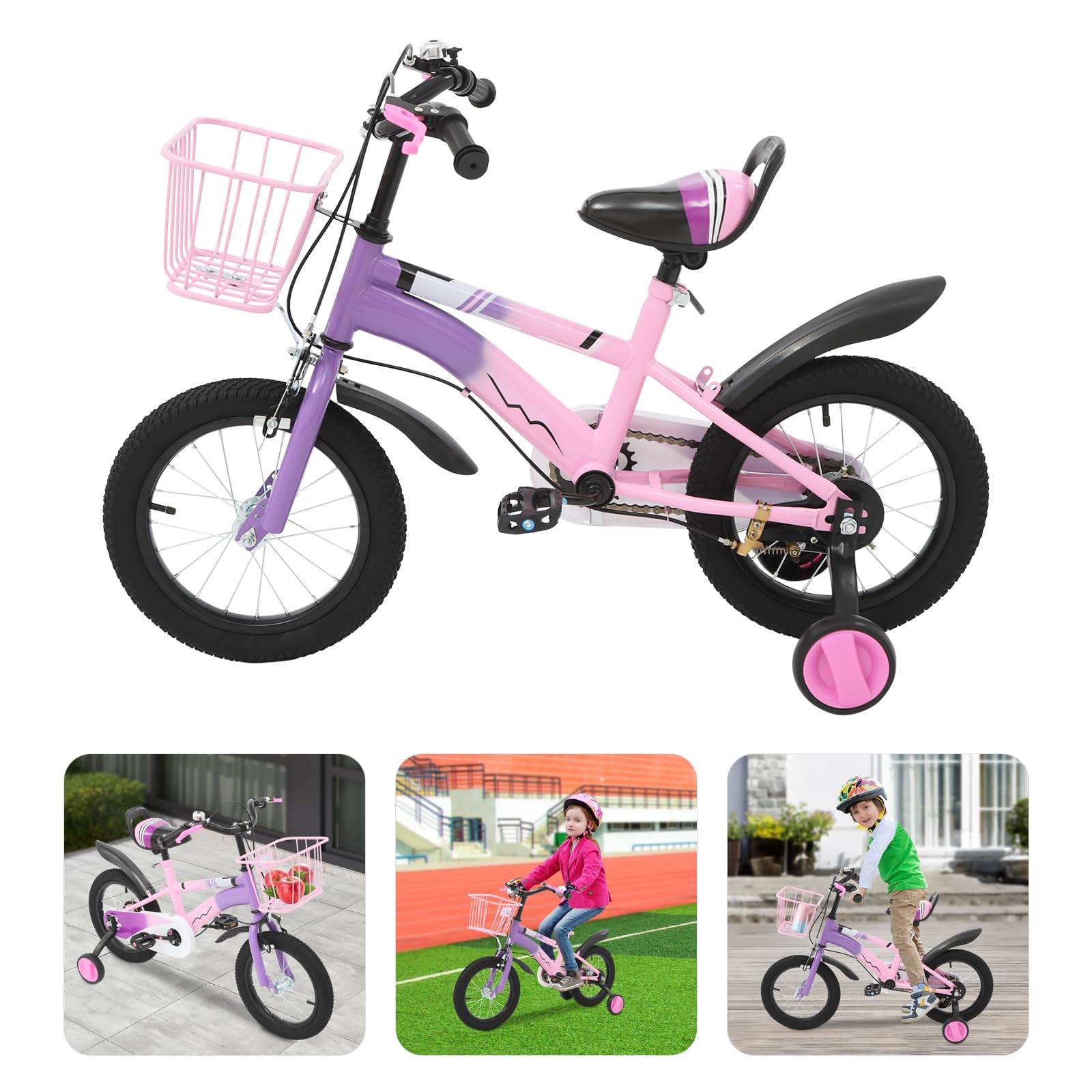 Vélo pour enfant 14 pouces avec panier, vélo pour enfants âgés de 3 à 6 ans avec roues stabilisatrices, vélo 14 pouces pour garçons et filles, hauteur réglable, double système de freinage