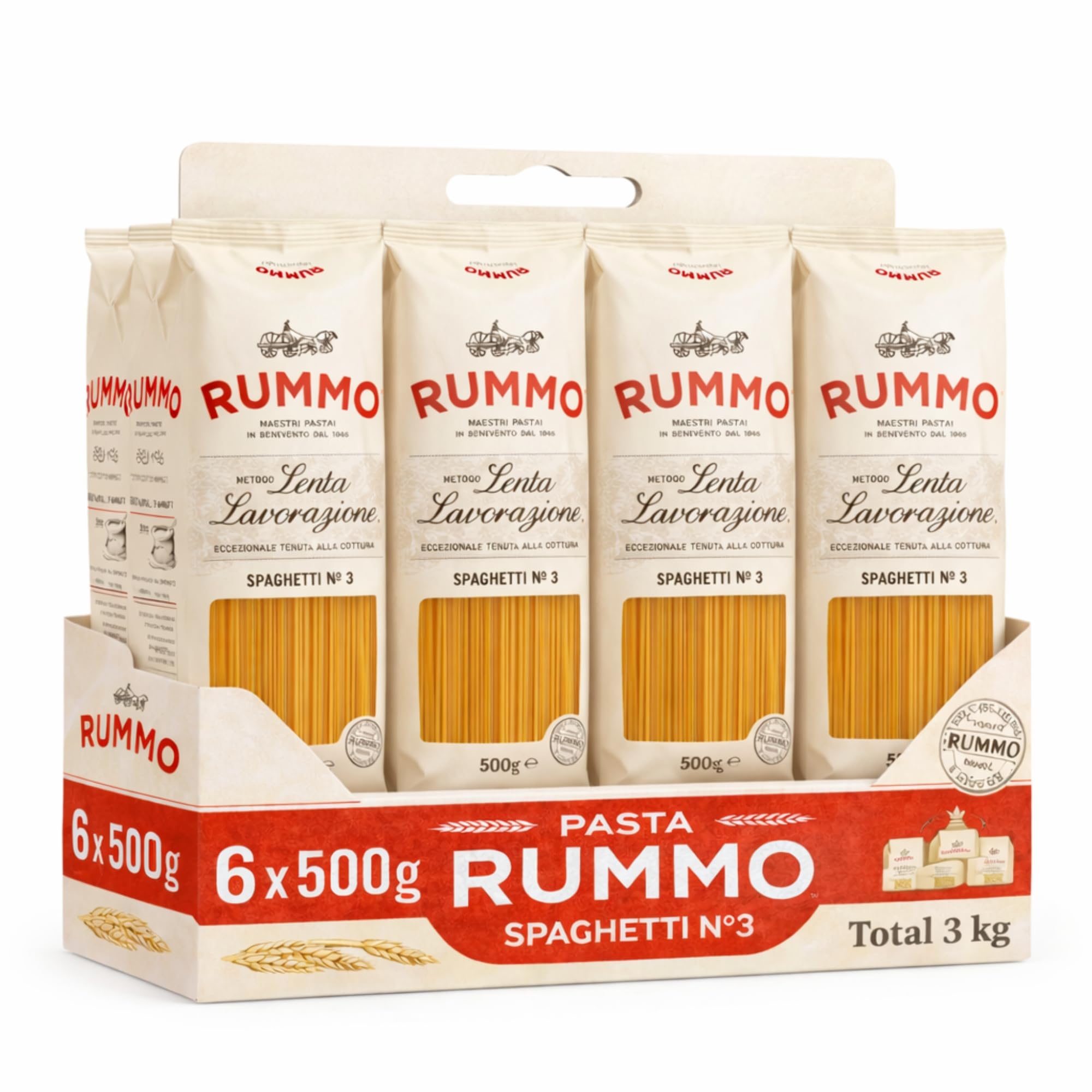 Spaghetti Rummo Nº3, Pasta Italiana, Pasta alimenticia de sémola de trigo duro, Contiene gluten, Puede contener trazas de soja, 6 Paquetes de 500 gr