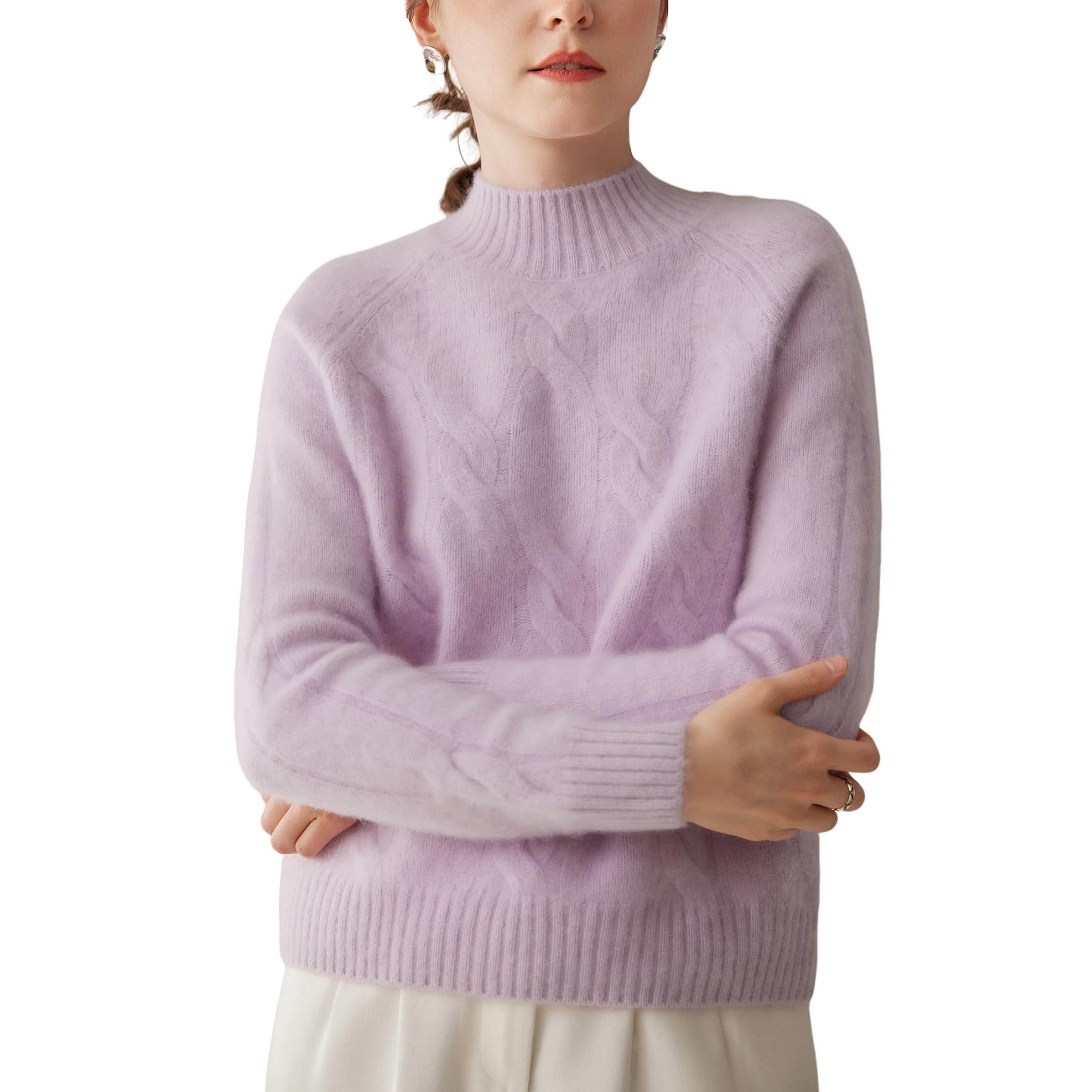 DISSA MD6850 - Maglione da donna in cashmere e lana, con scollo rotondo, a maniche lunghe, con motivo a treccia