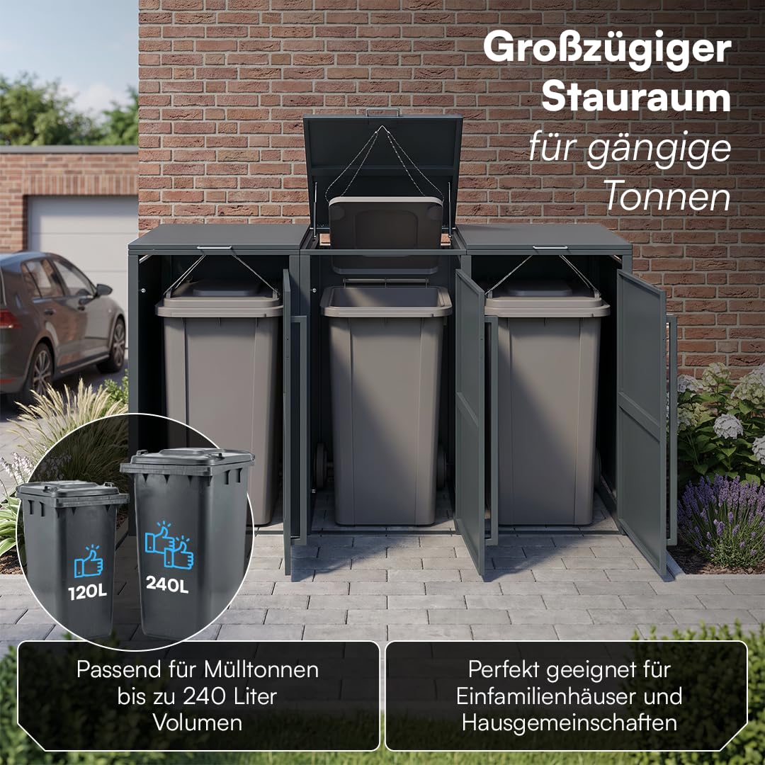 mülltonnen aufbewahrung 3 tonnen STEELSØN Xalara Mülltonnenbox für bis 240L, Anthrazit, aus Stahl ampulario primeros auxilios Menge:3 Kanister IKEA Hack: Offener Kleiderschrank