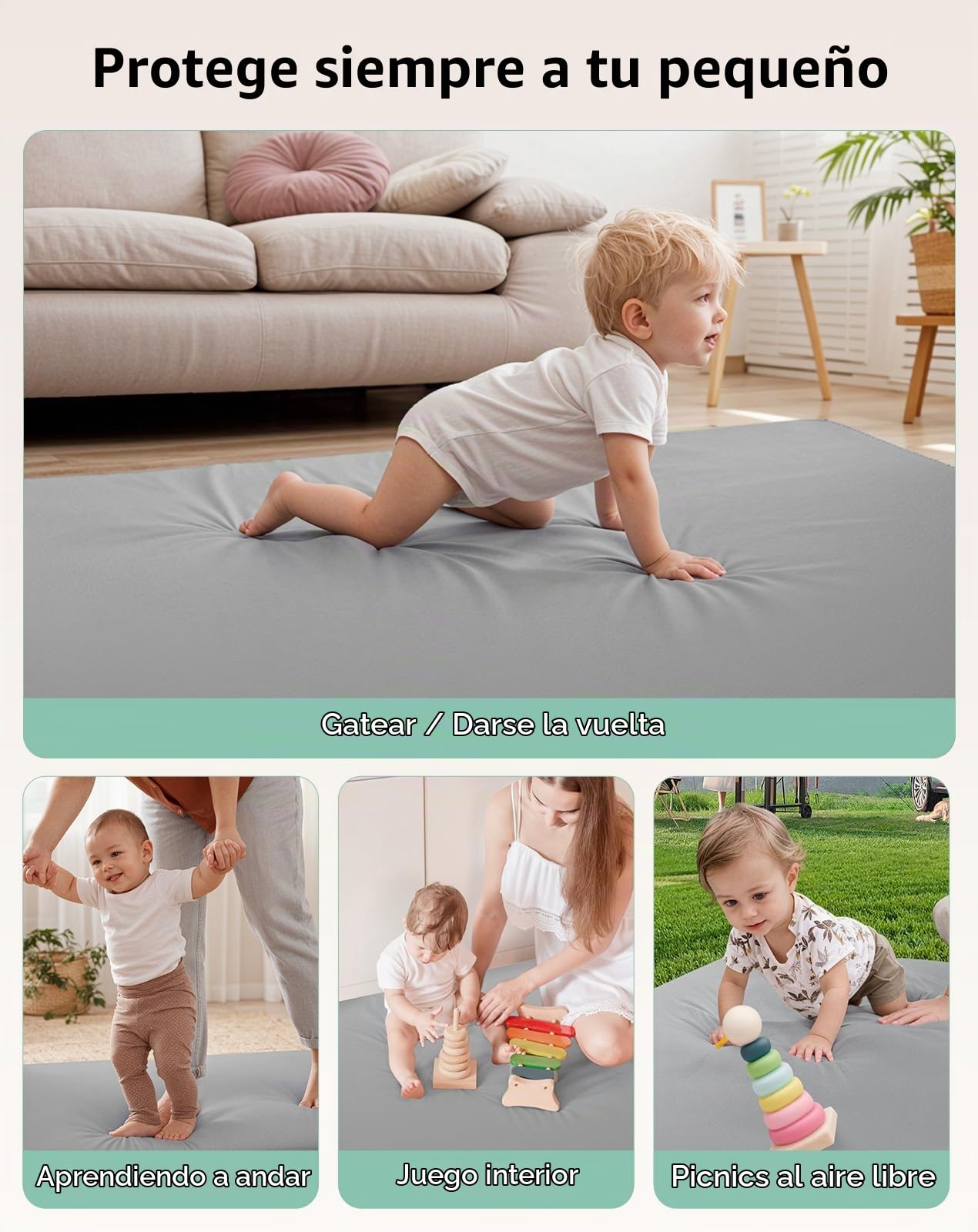 COMOMY Cuero Vegano Alfombra Bebe Acolchada Plegable, 127x127x3 cm Extra Grueso y Suave Colchoneta Bebe Suelo, Impermeable y No tóxico Tapete Bebe para Parque Infantil, Gris