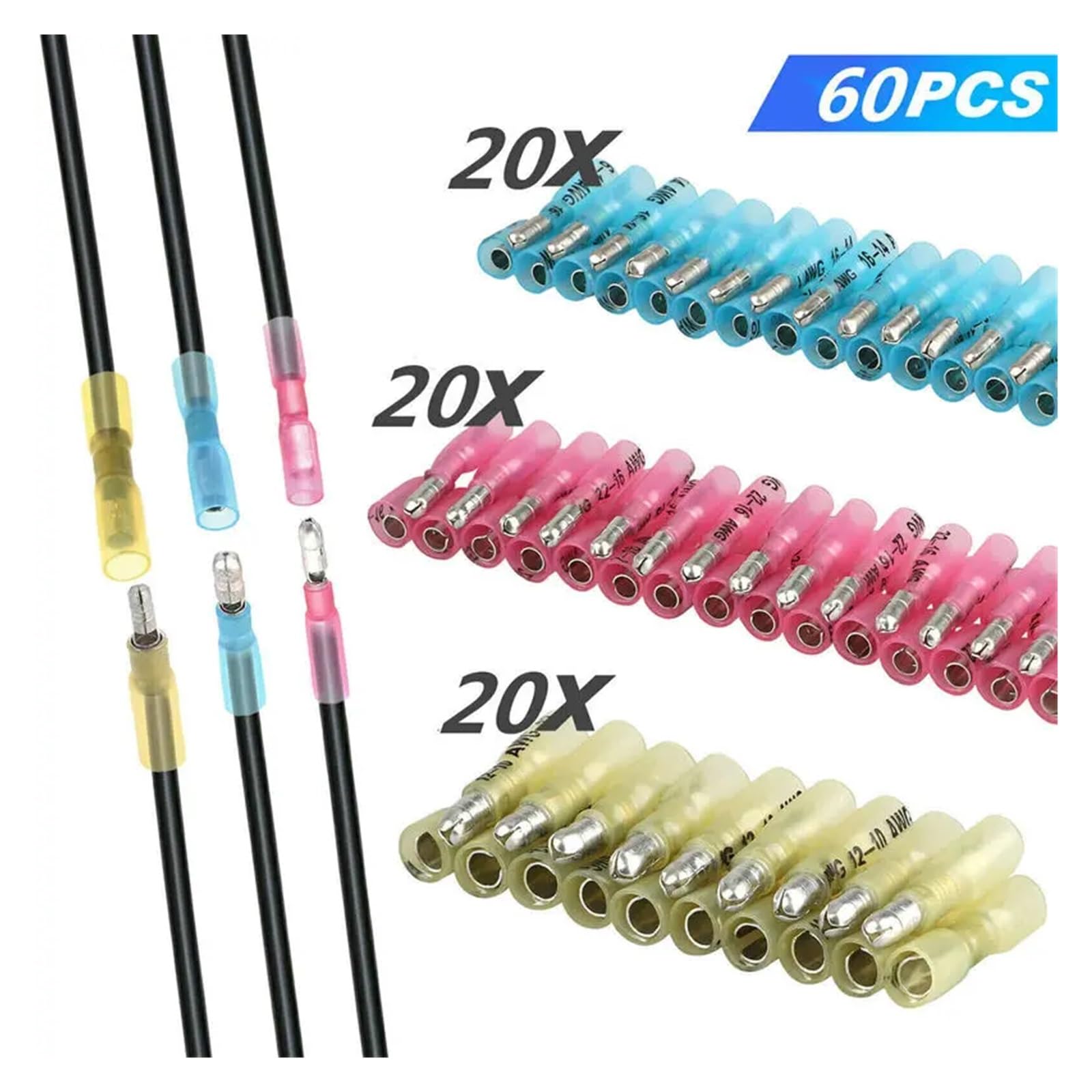 Set mit 60 Schrumpfverbindern, weiblich-männlich, für elektrische Kabel, Crimpklemmen, 10–22 AWG