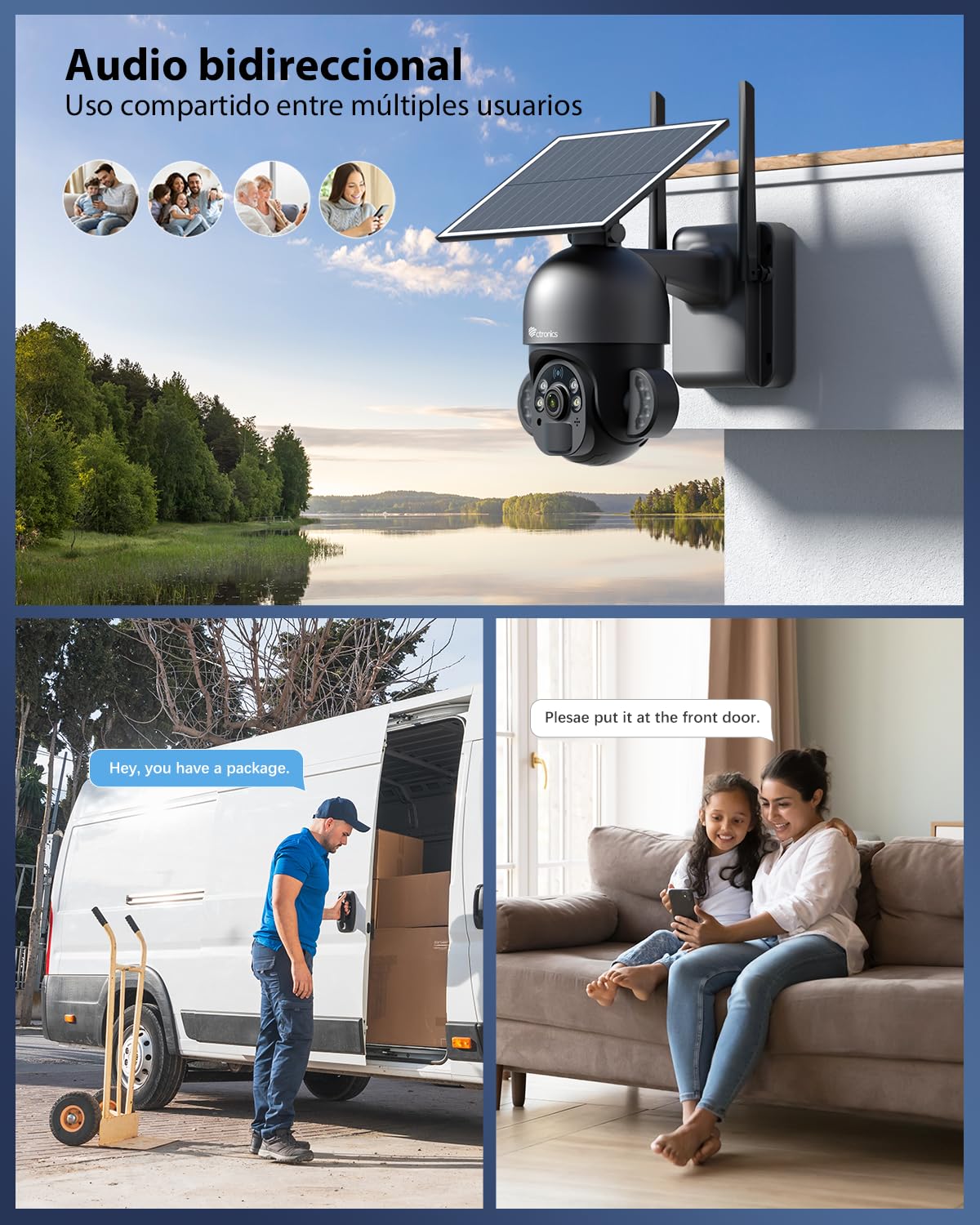 Ctronics Cámara Vigilancia Exterior con Panel Solar 6W, Cámara PTZ 3K 5MP | HD, Detección PIR y Humana, 10 Focos LED, Visión Nocturna en Color, Audio Bidireccional, FTP, Acceso Remoto por PC/Móvil