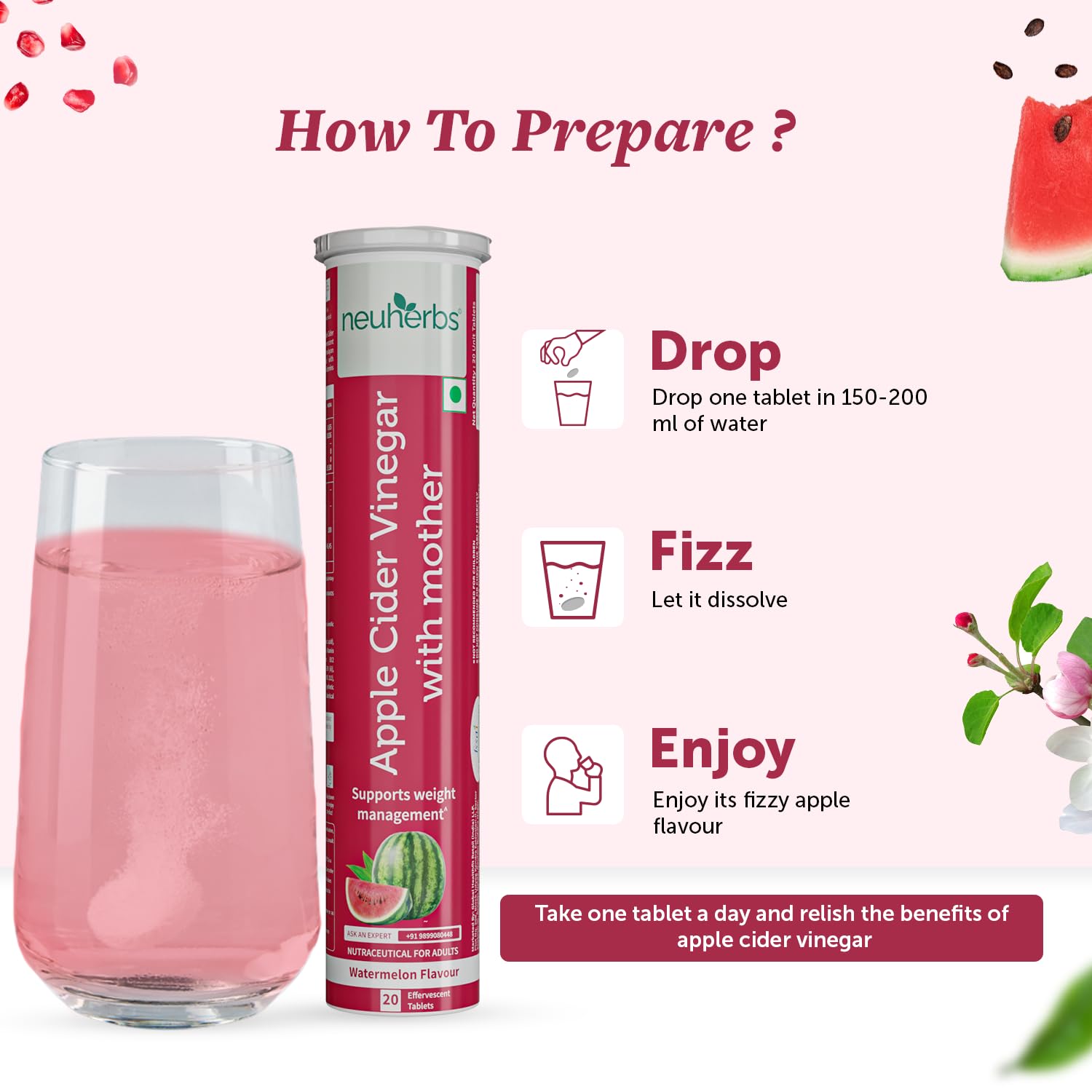 Neuherbs Apple Cider Vinegar with Mother Effervescent Tablet | Weight Loss Supplement with Vitamin B6 & B12 | Zero Added Sugar | Easy To Carry & Consume| For Men & Wome | 20 Tablets,Watermelon Flavour 3