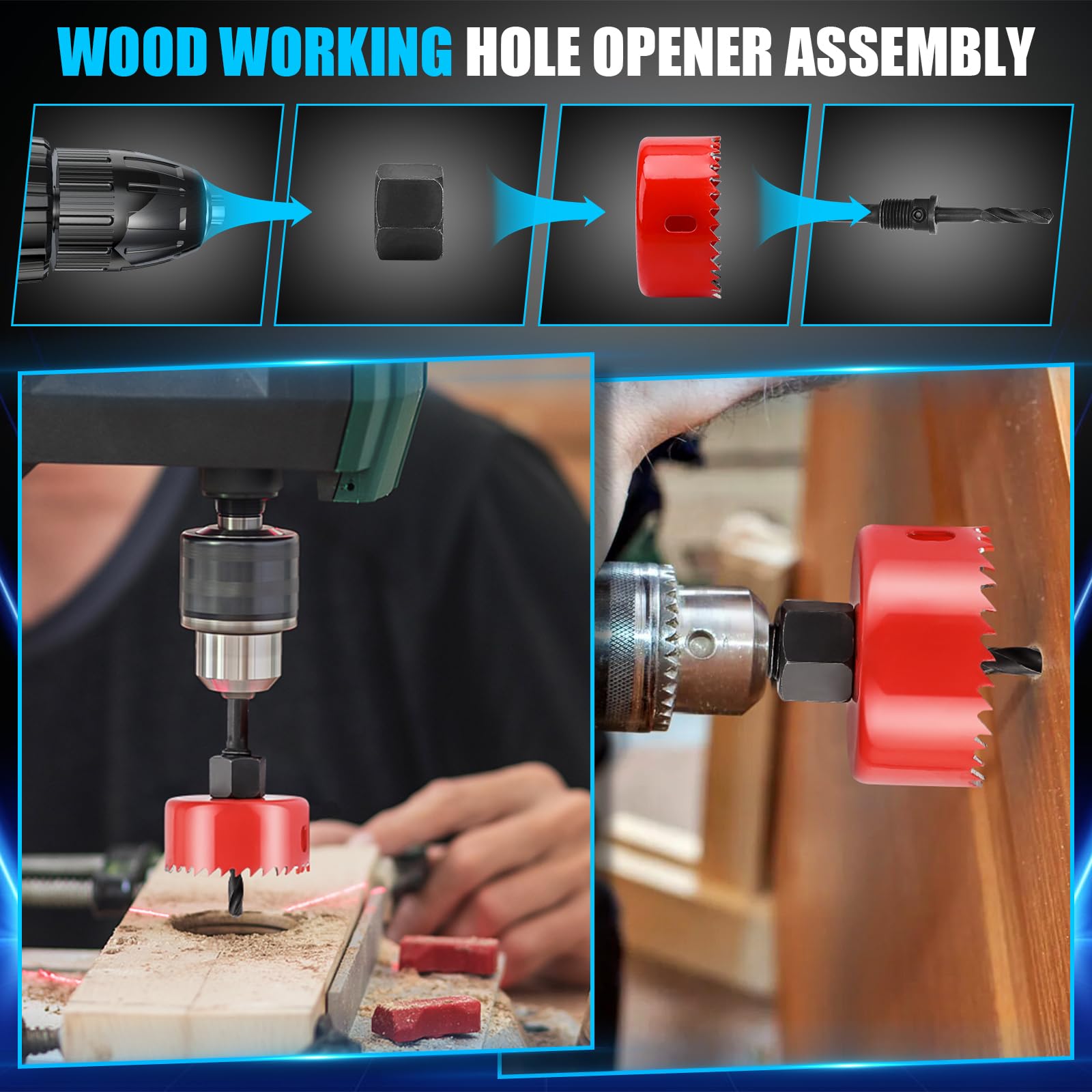 Hole Saw Sets, 11Pcs Holesaw 19-64mm Hole Cutter Kit Carbon Steel Perfect for Drilling Soft Metal Wood, PVC, Plastic - Image 3