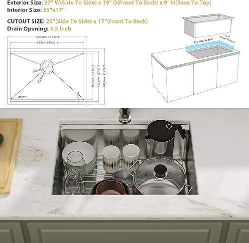Miniatura 5 de Fregaderos de cocina de 27 x 19 pulgadas con repisa para fregadero de cocina de un solo tazón de acero inoxidable calibre 16 con accesorios