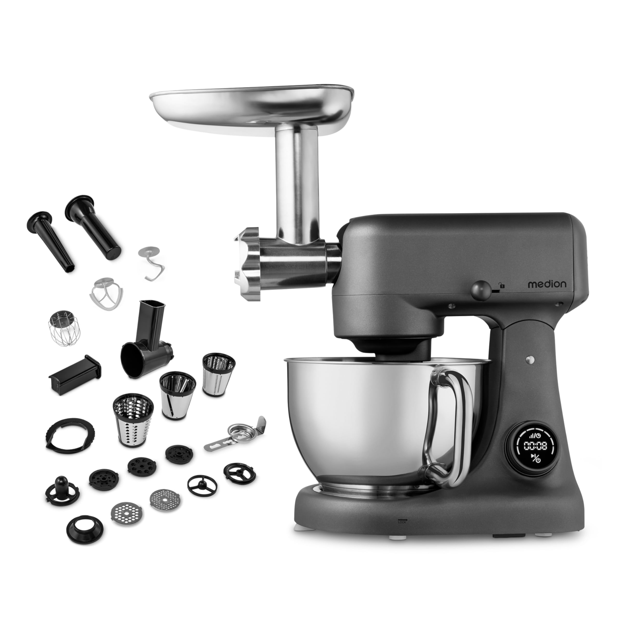 MEDION Küchenmaschine (Fleischwolf, 4,6 Liter Edelstahlschüssel, leiser Gleichstrommotor, 800 Watt, Reiben Raspeln Schneiden, Digitales Sensor Touch Display, Knetmaschine, Teigmaschine, MD12600) titan