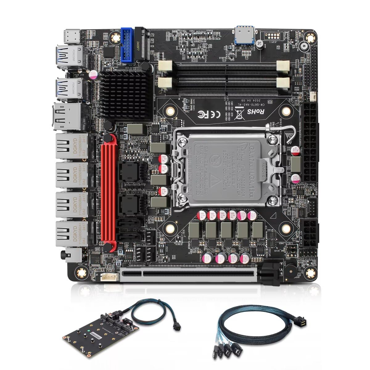 MNBOXCONET Q670 NAS 6 Bay Motherboard LGA 1700, PCIe5.0 x16 slot Mini ITX Mainboard with 6× SATA3.0, 6× NVMe DIY NAS Board Dual DDR5, Type-C 20Gbps, 32GB RAM 1TB SSD(With Cable)