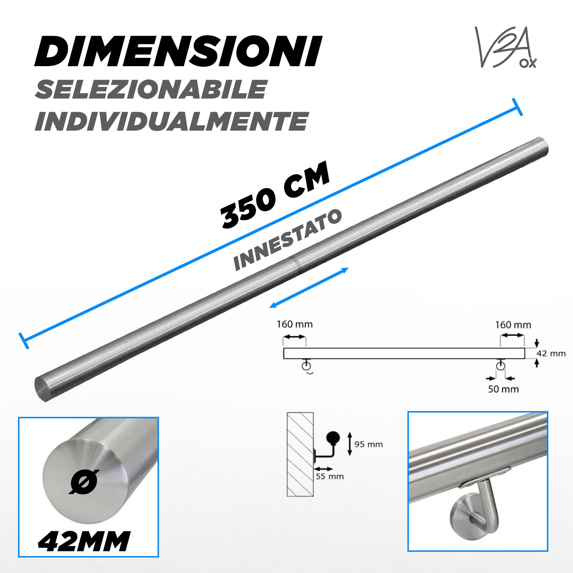 Corrimano scala Acciaio inox AISI 304 Ringhiera diametro 42mm V2Aox 40-1000 cm, Lunghezza:350 cm