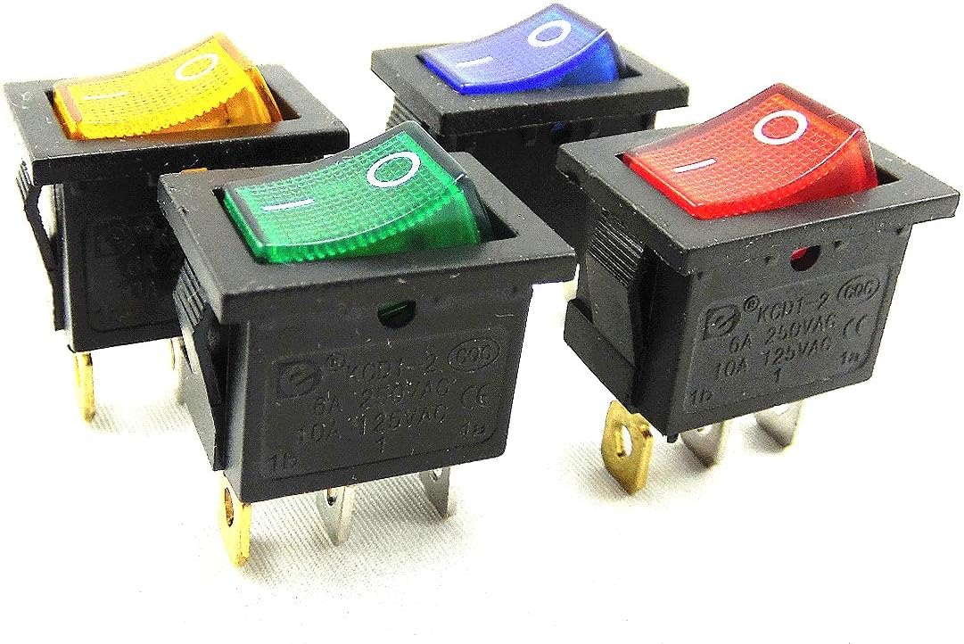 4 Pcs Rocker Switch 19 x 13 mm 6 A 250 V~ 3 Pin Rocker Switch Red Green Yellow Blue Illuminated Black