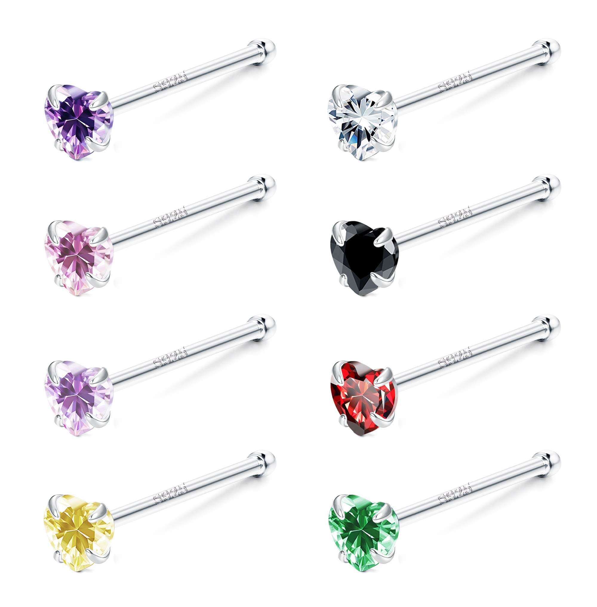 Sllaiss Pendientes de nariz de plata de ley de 22 G para mujer, 8 unidades, mezcla de colores, circonita cúbica, aretes de nariz de 3 mm, corazón, estrella, hueso, nariz, juego de joyas