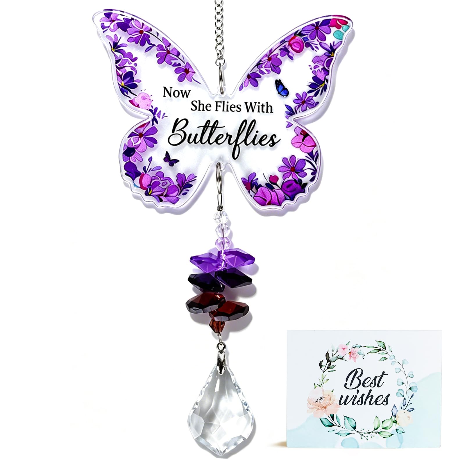 Mitibet Memorial Butterfly Gifts for Loss of Loved One, Remembrance Plaque for Mum Nan, Suncatcher Ornament for Grave, Crystal Hanging Decoration for Garden, Butterfly Memorial Gift for Women, 1 Pc