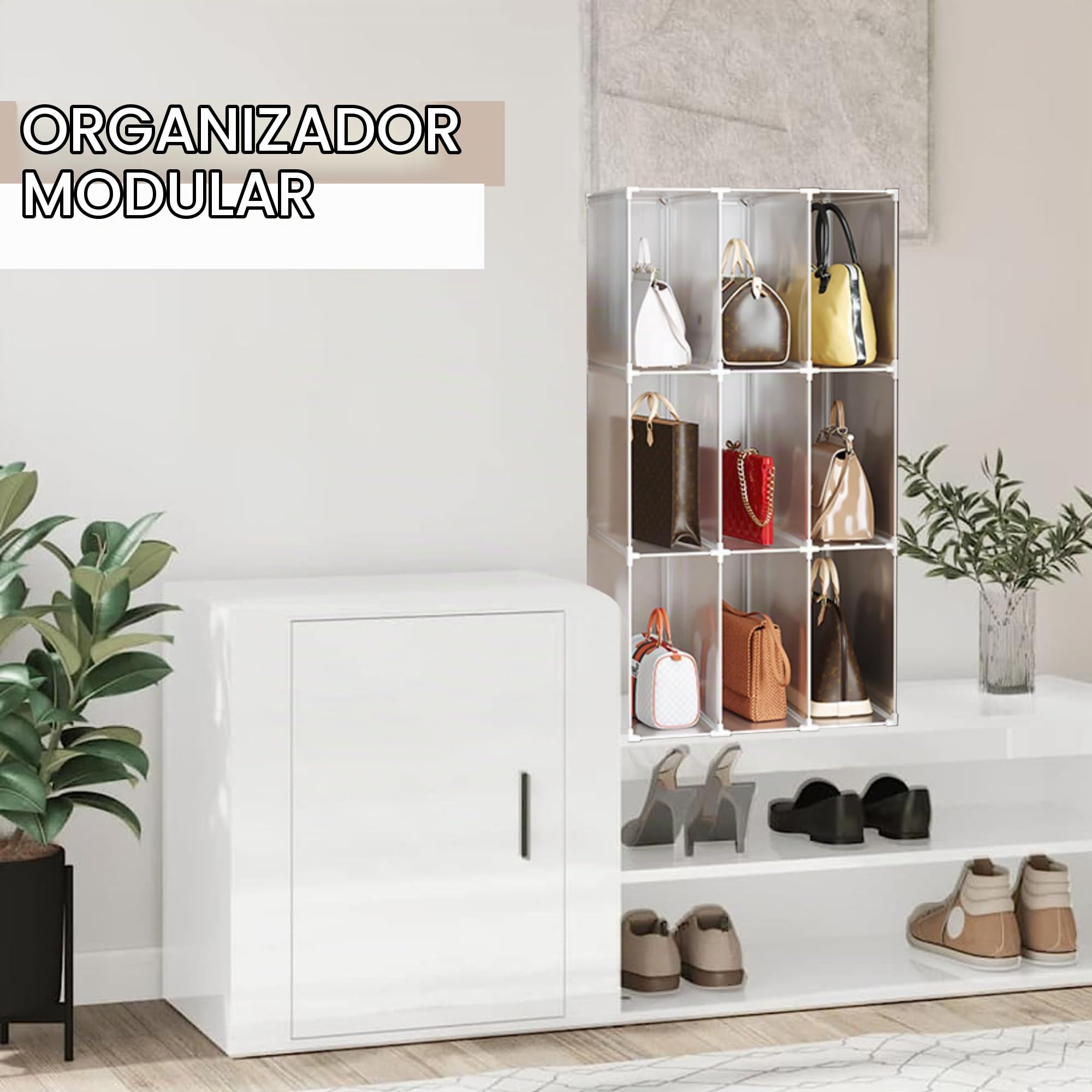 Organizador de Bolsos, Estantería Modular para Armario, Estante para Habitación, Recibidor. Estantería de Almacenamiento para Hogar, Pasillo, Dormitorio. 9 módulos.