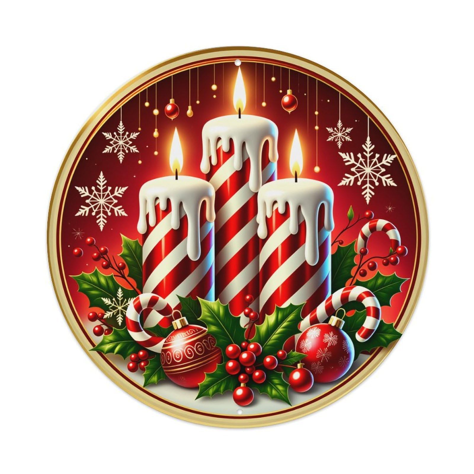Christmas Candles Snowflakes Ornaments Holly Round Tin Sign Vintage Metal Poster Retro Bar, Home, Man Cave, Kitchen, Laundry Room Wall Art Decor Gift 8x8Inch