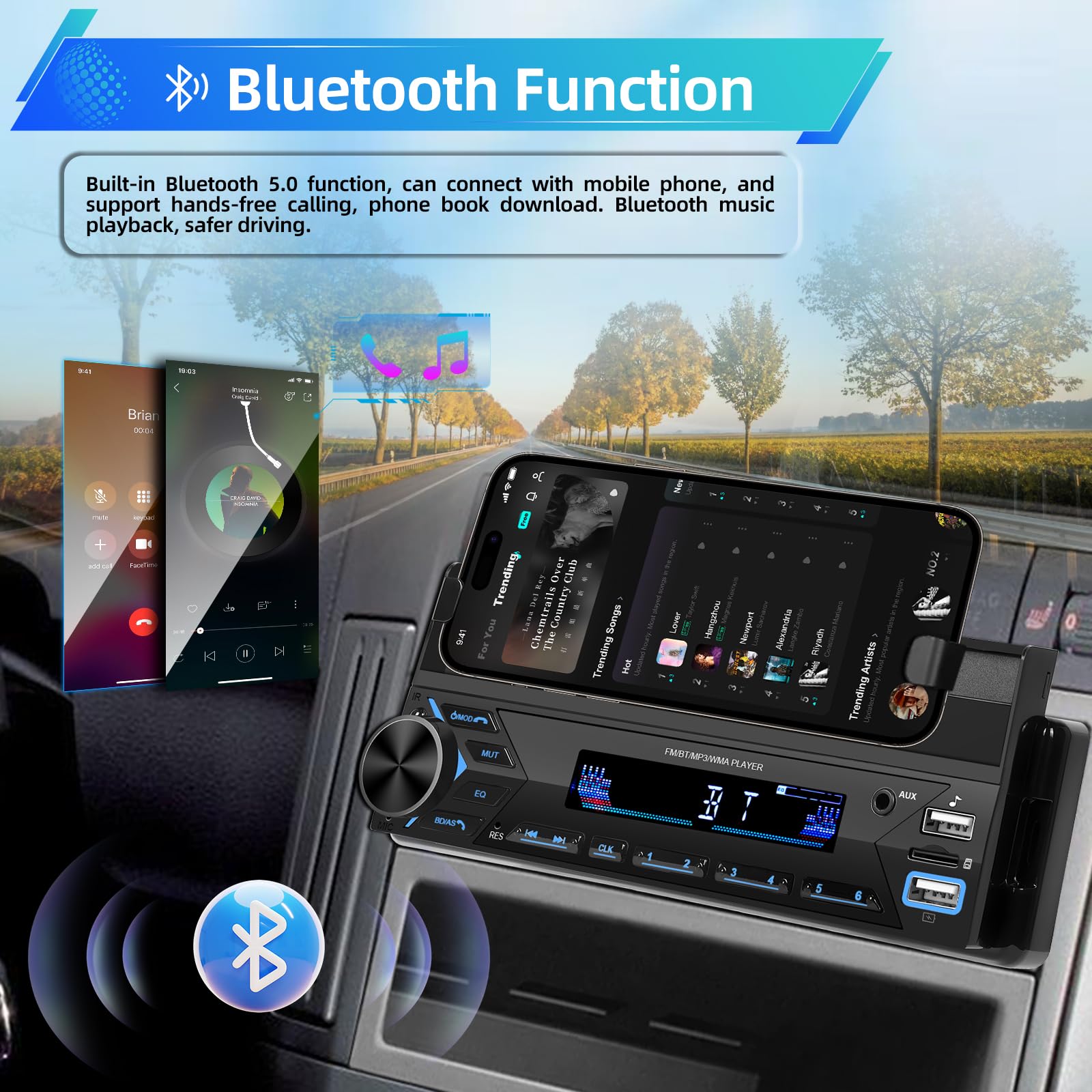 NHOPEEW Autoradio 1 Din con Bluetooth - Lettore MP3 Supporto per telefono - Doppia porta USB/TF Card/Radio FM/Ingresso AUX/Comando al volante/Pulsanti luminosi + microfono wireless